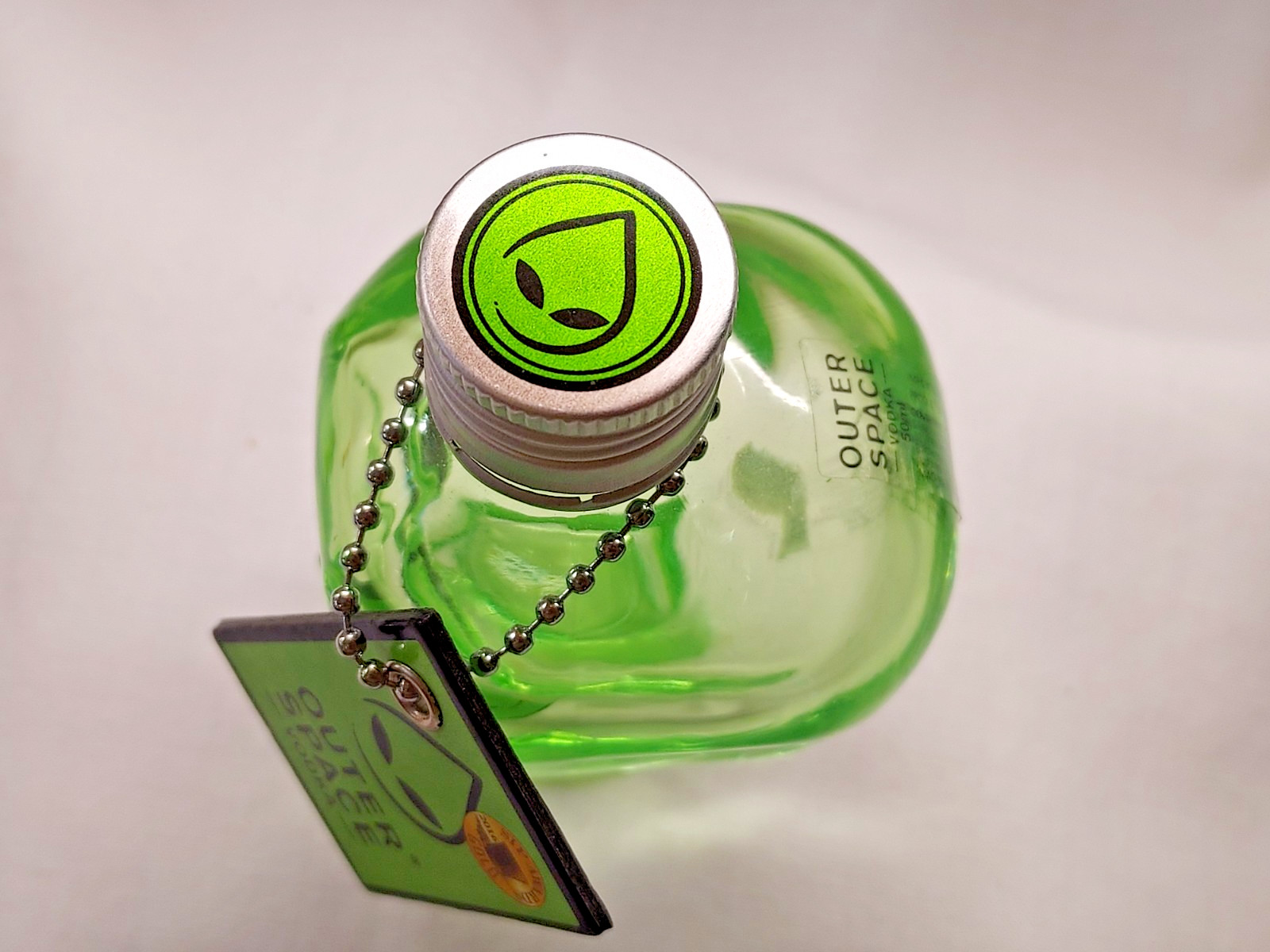 Outer Space Vodka Alien Head Bottle EMPTY 50ml Green Glass w/Tag 3.5"