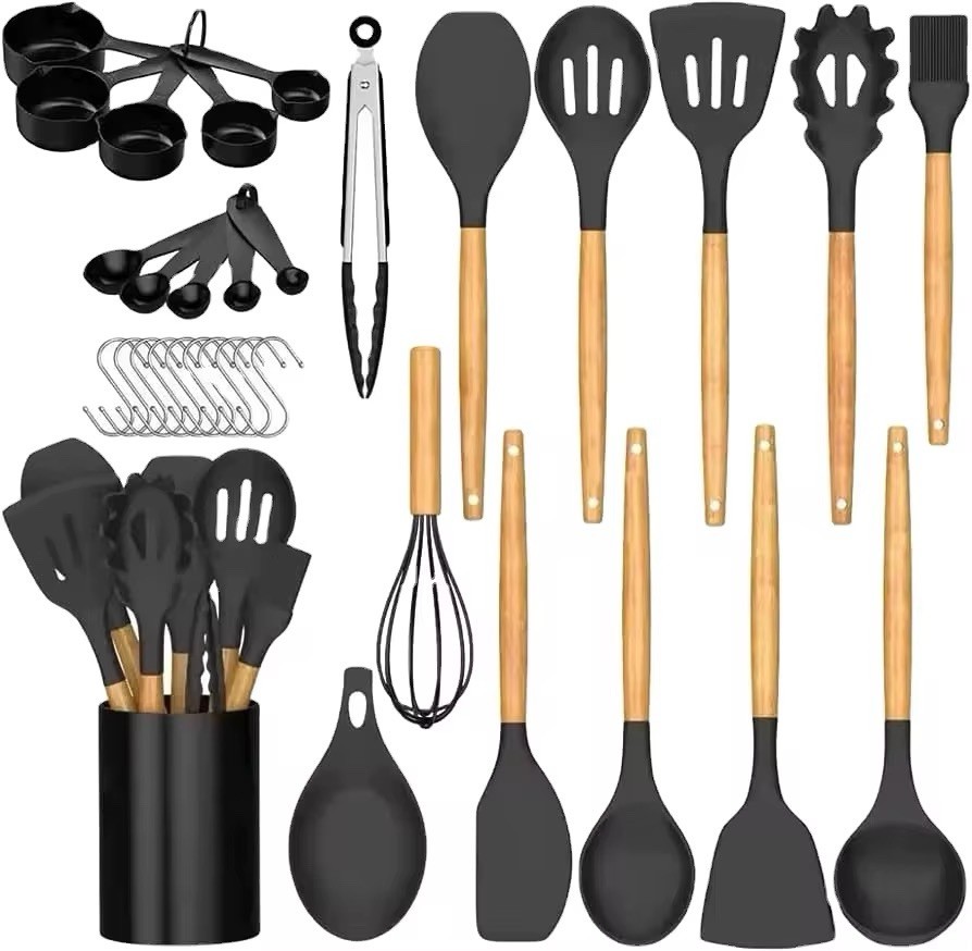 Kitchen Utensils Set 33 Piece Silicone & Wooden-Handle – Nonstick - Vividessence
