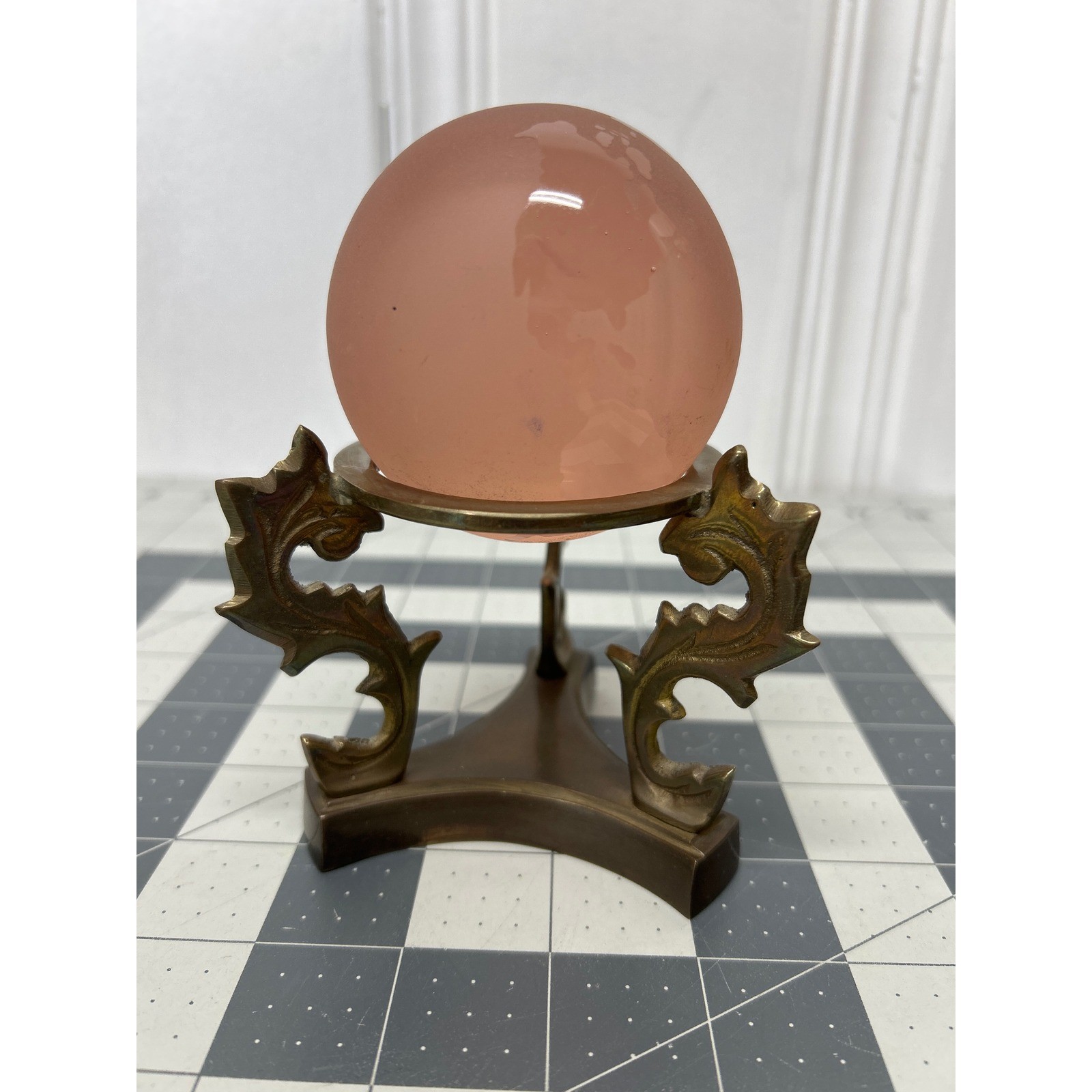Frosted Glass Globe Pink Brass Stand Desk Decor Vintage Style Paperweight Desk