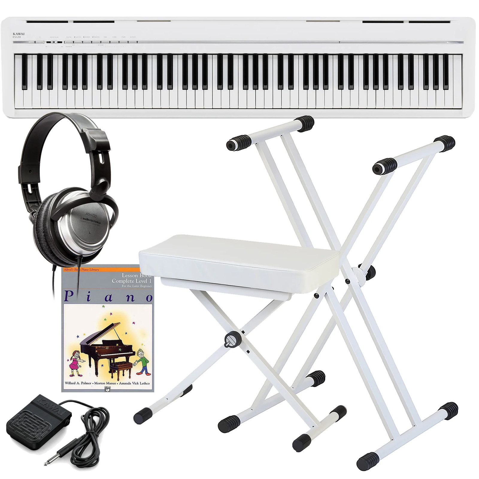 Kawai ES120 Portable Digital Piano - White KEY ESSENTIALS BUNDLE