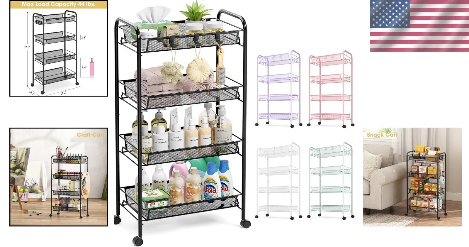 Compact 4-Tier Metal Utility Cart with 3 Hooks – Effortless Assembly & Mobility