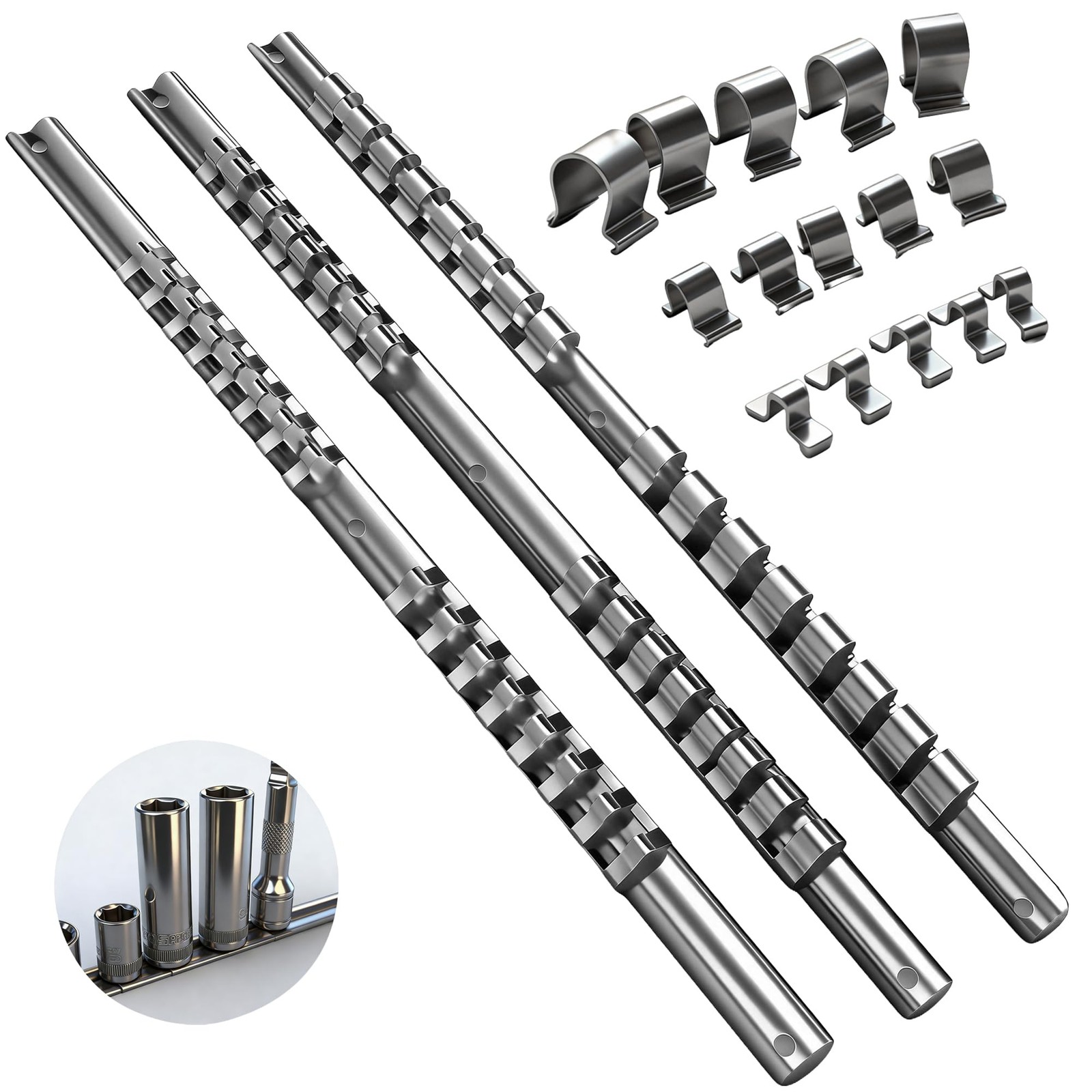 Metal Socket Organizer Set with Sliding Rails, 3-Piece