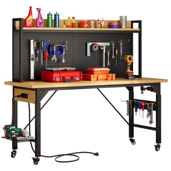 59" L Heavy-Duty Adjustable Workbench with Pegboard & Power Outlets Hooks Garage