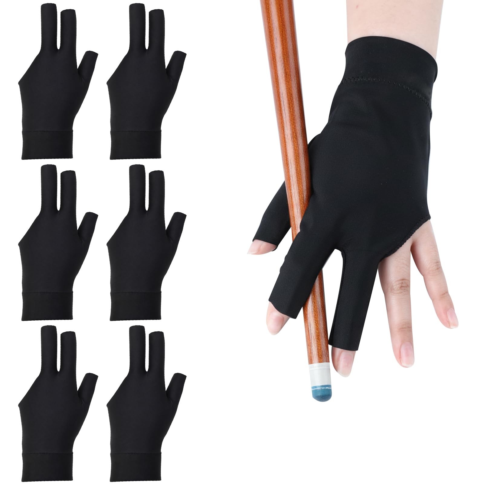 6 Pcs Pool Gloves Left Hand 3 Fingers Billiards Glove Breathable Nylon Sport Glo