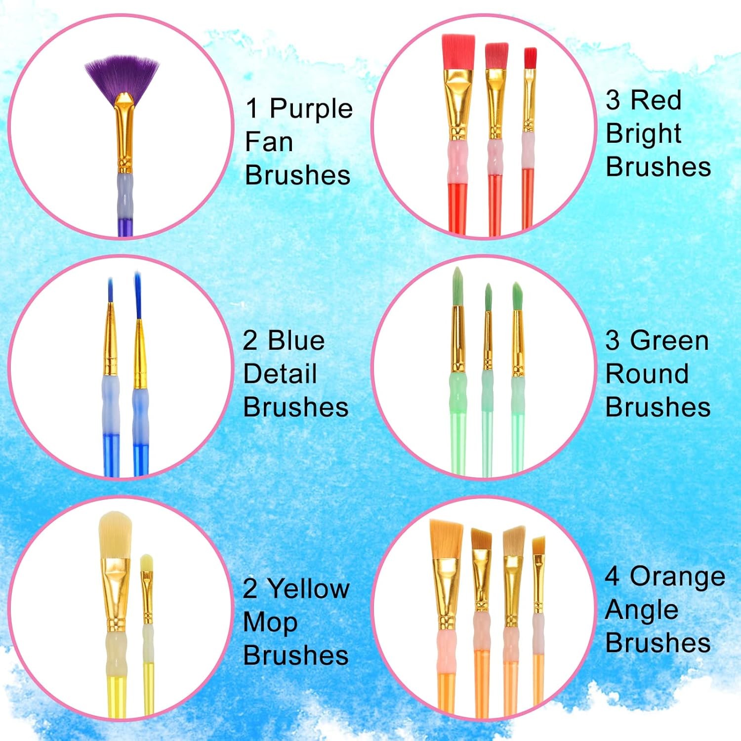 15Pcs Paint Brushes Value Pack, Includes 15 Different Types of Brushes, Nylon Co