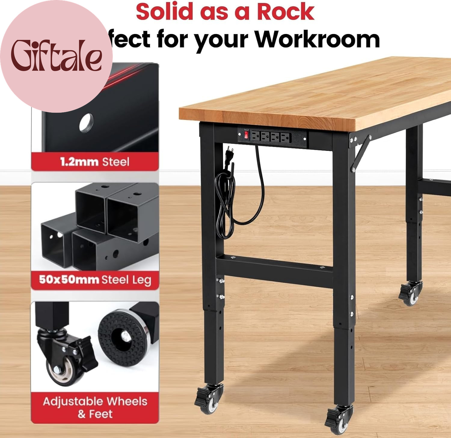 Workbench for Garage Adjustable Height 60 X 22 Inch Work Table with Wheels Heavy