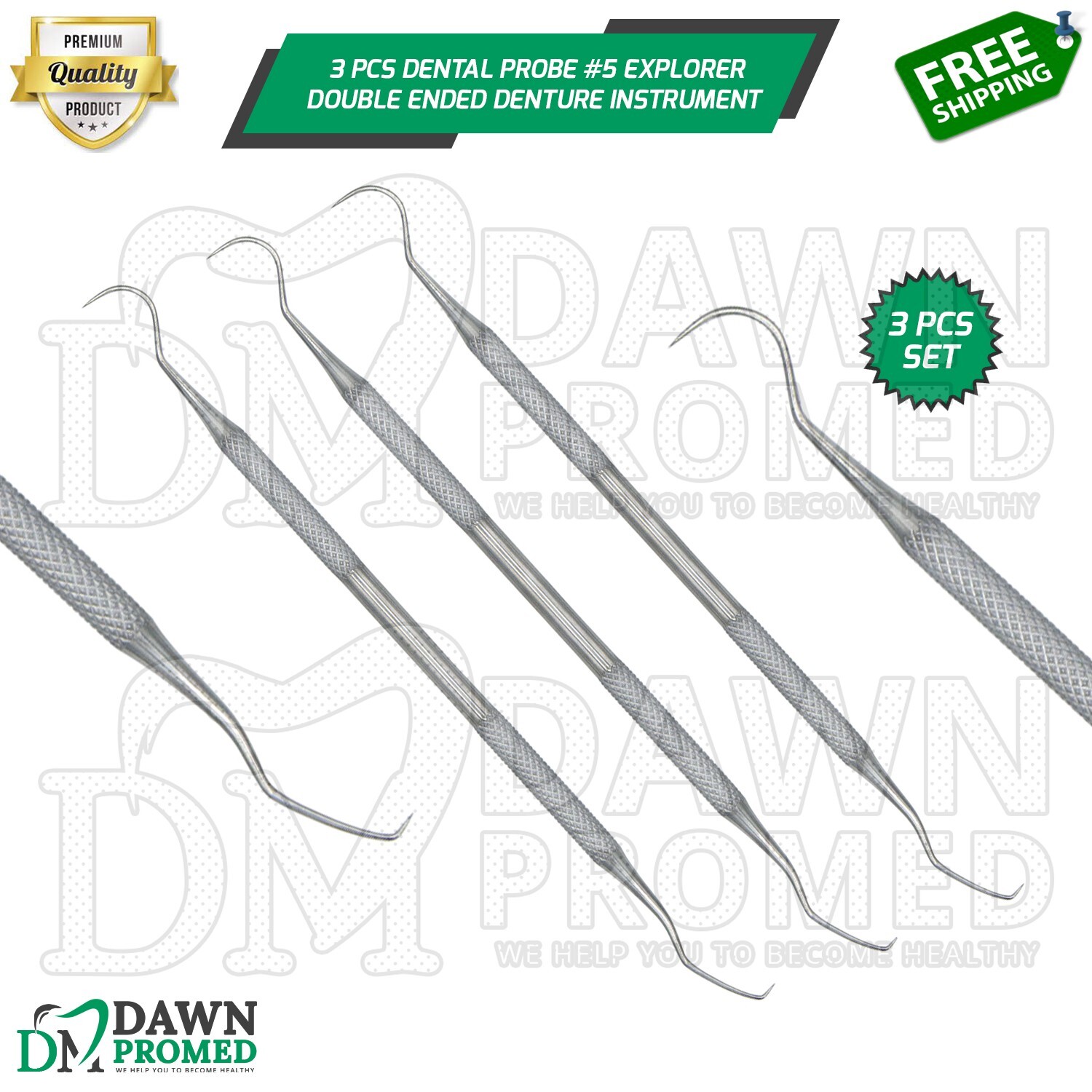 3 Pcs Dental Probe #5 Explorer Double Ended Denture Instruments German Grade