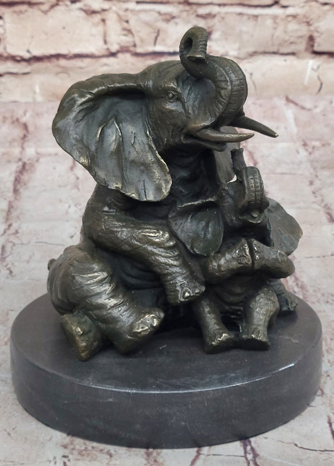 Laughing Mother Elephant With Cub DecorBronze Sculpture Hot Cast Figure Figurine