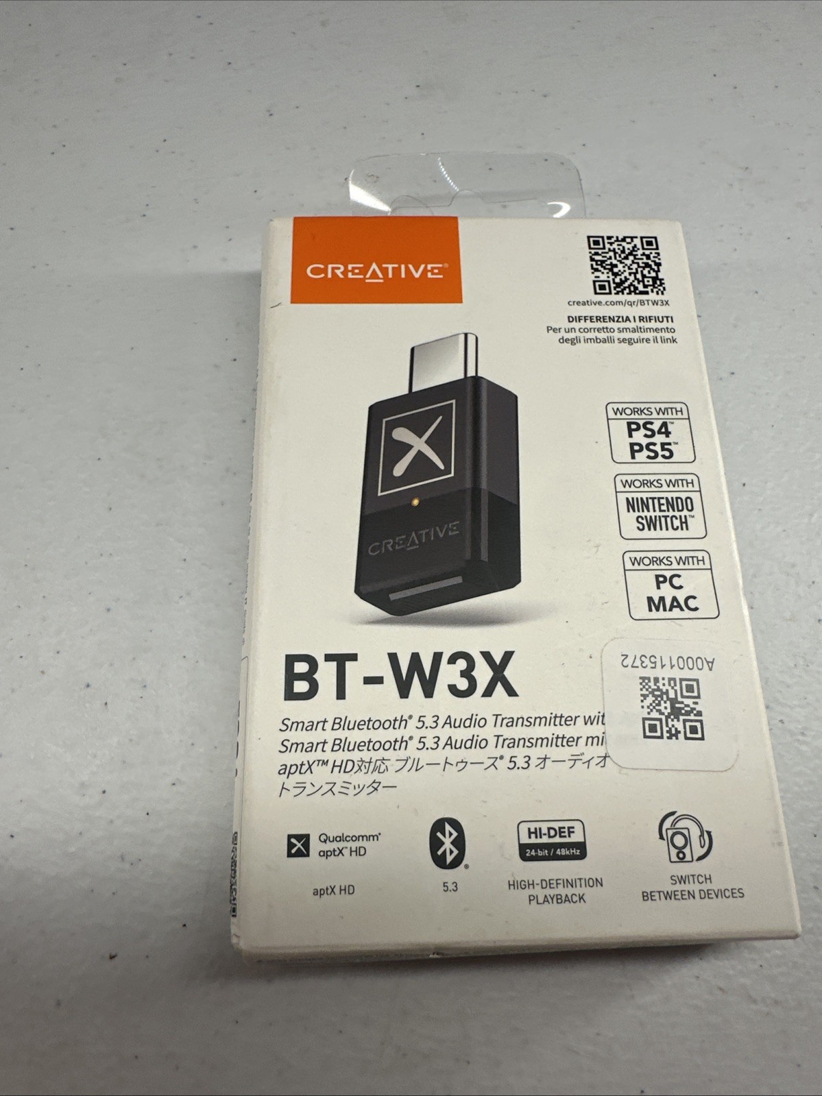 Creative BT-W3X Bluetooth 5.3 Audio Transmitter aptX HD USB-C PS5 Switch PC Mac