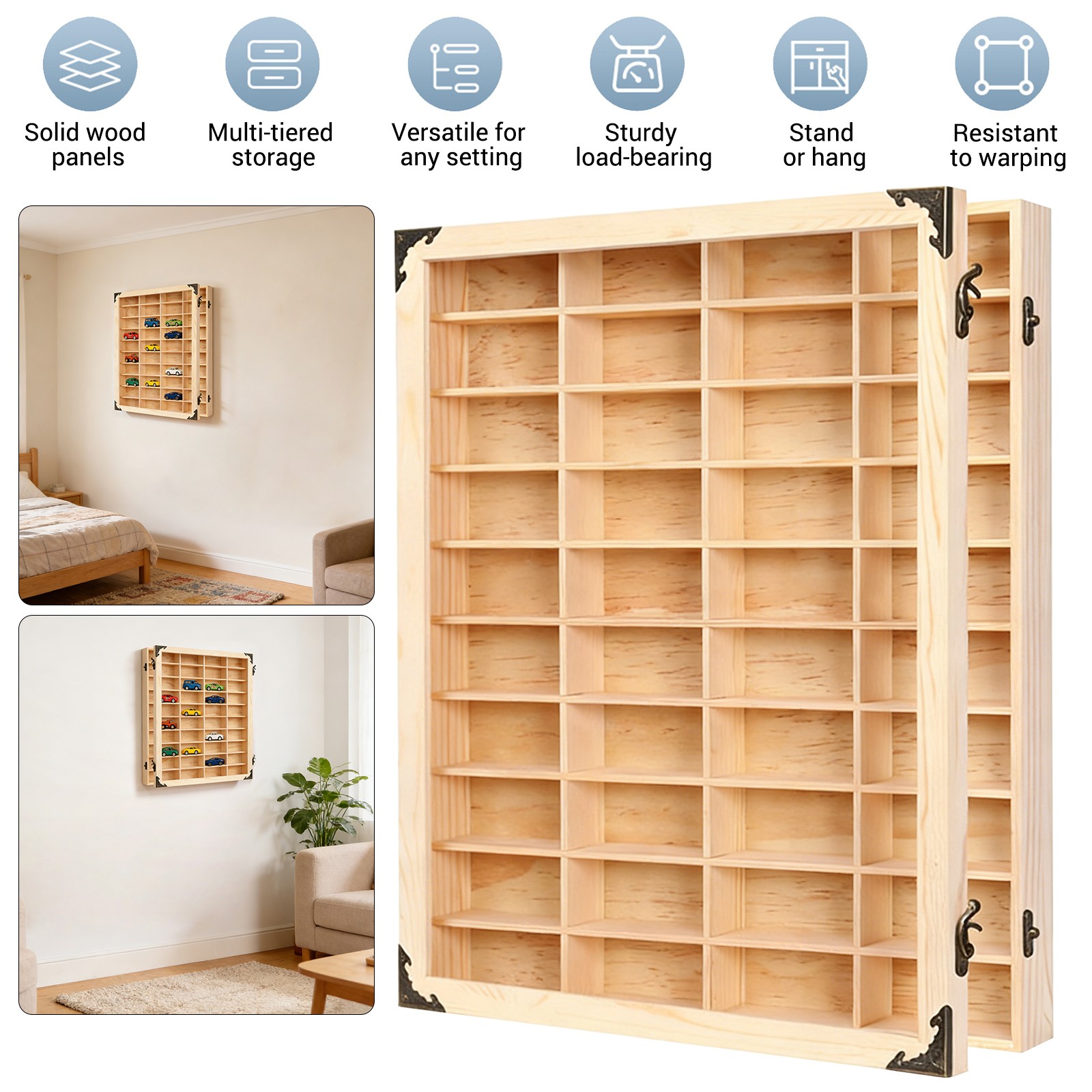 Display Case Wall Mount 1/64 Wooden Box w/ Door for Figurine Model Car Storage