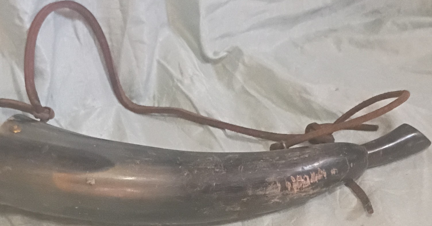 Vintage Powder Horn Muzzleloader with Leather Strap and Wooden End Cap