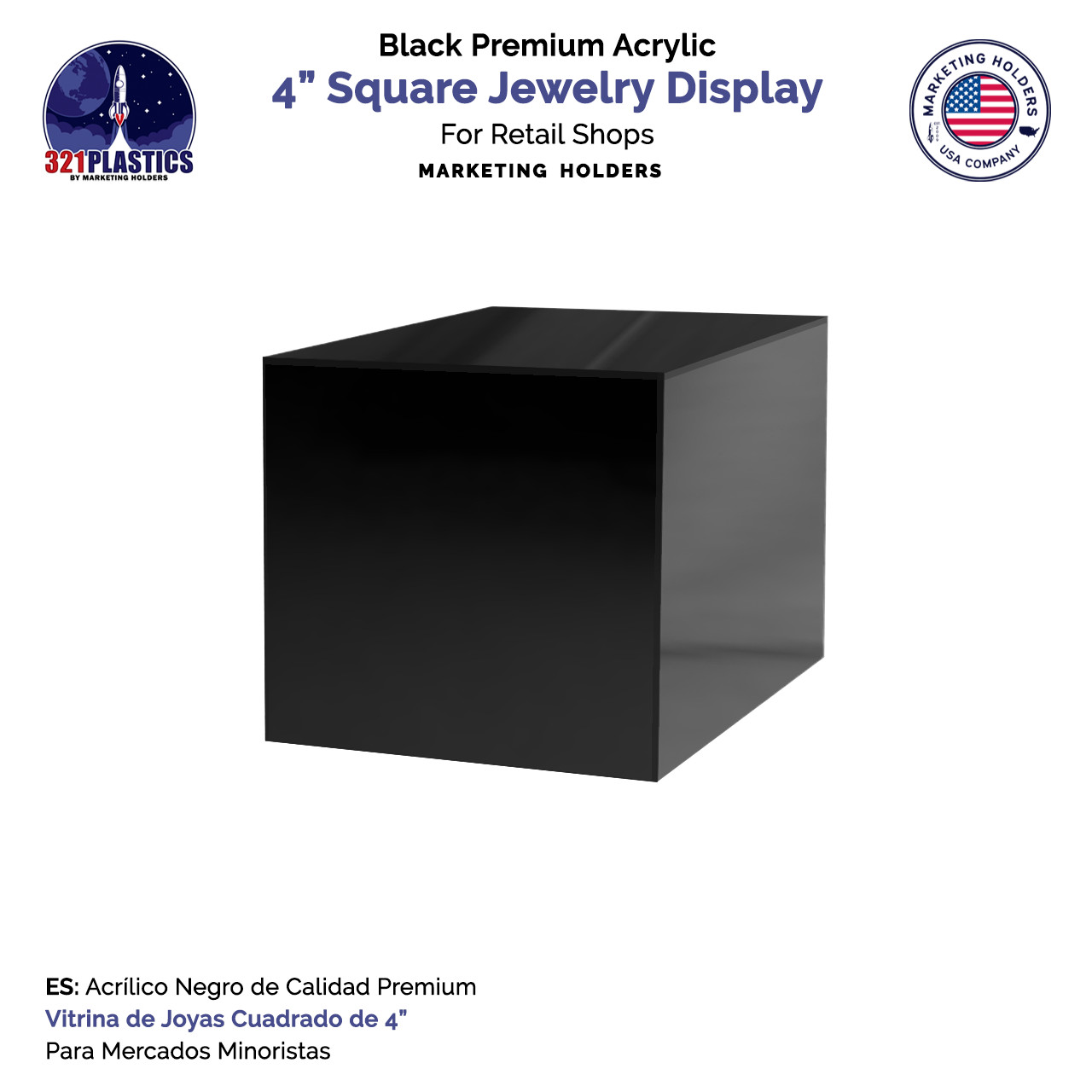 Black 4 Inch Arylic Box without Lid 5 Sided Product Riser or Display Bin
