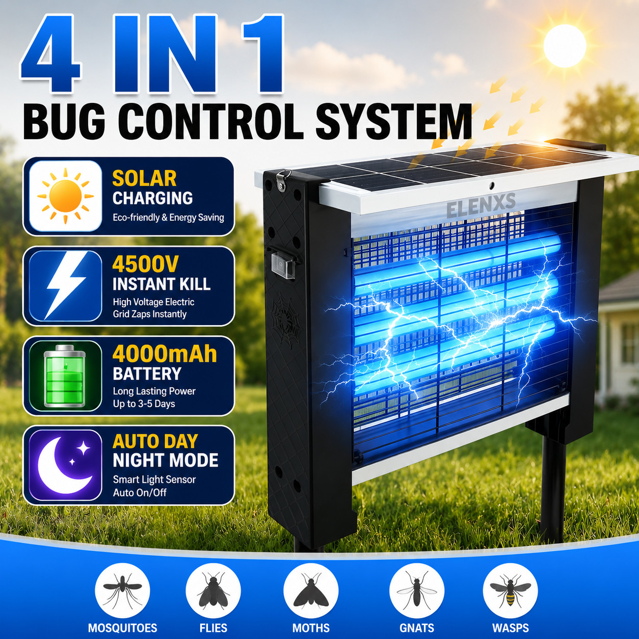 4500V Electric Solar Bug Zapper Outdoor Mosquito Zapper Waterproof Fly Trap US ✨