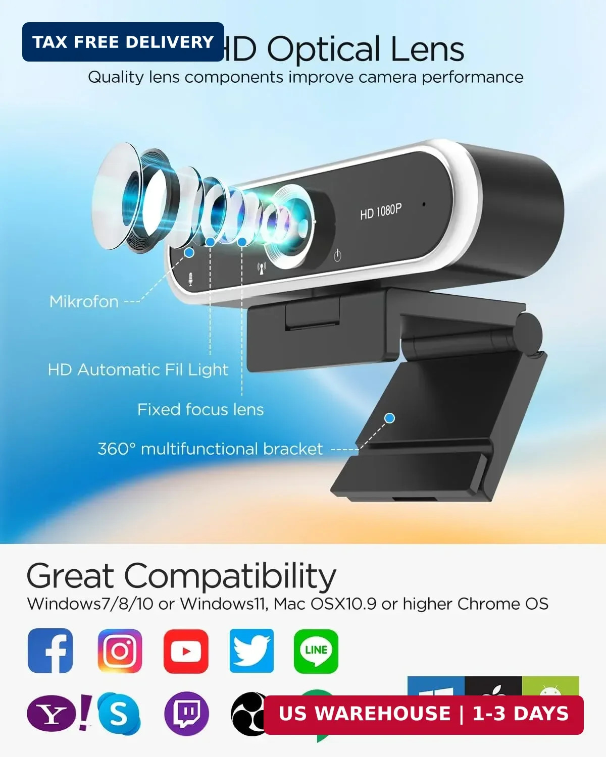 Webcam 1080P with Microphone & Privacy Cover for PC/Laptop, USB Computer Camera