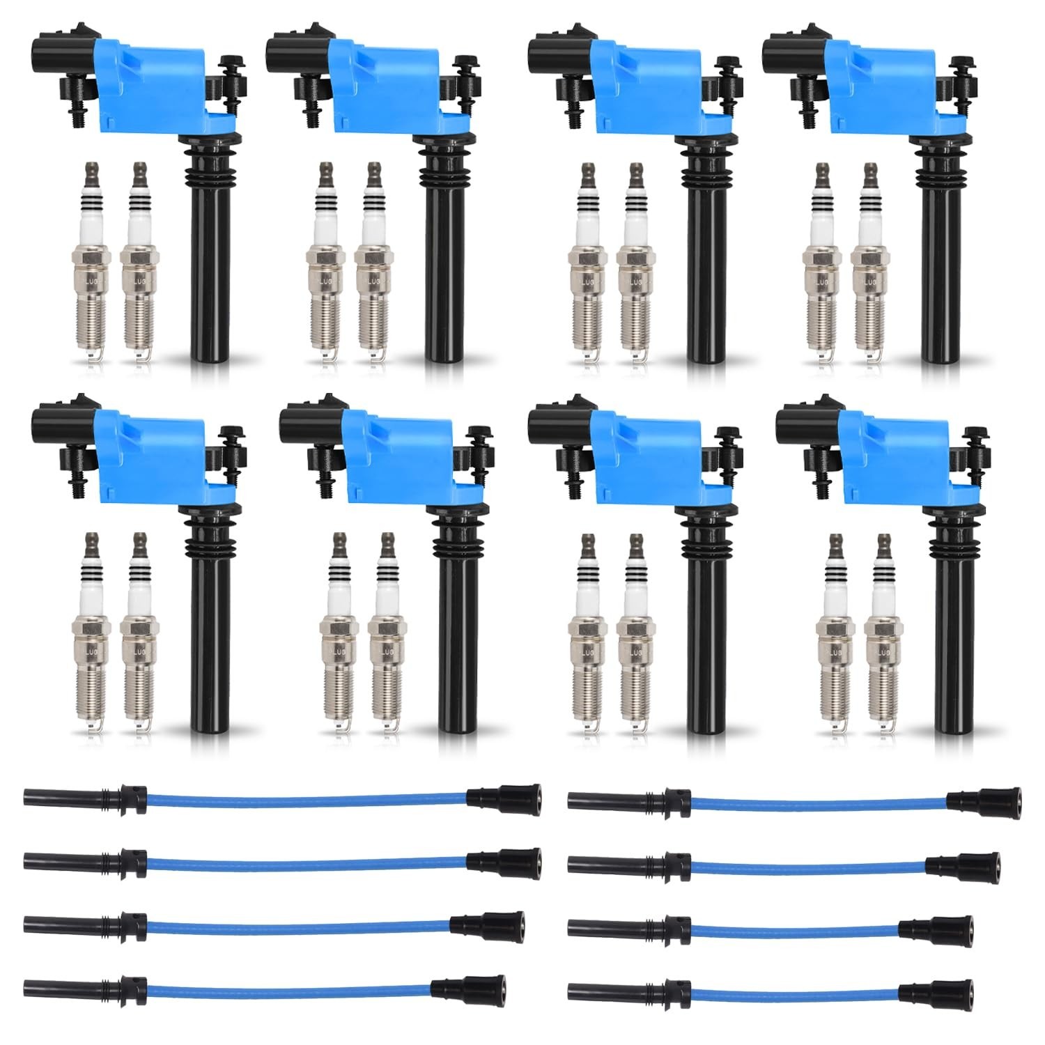ENA Set of 8 Blue Ignition Coil Pack with 16 Spark Plug and Blue Wire Set Com...