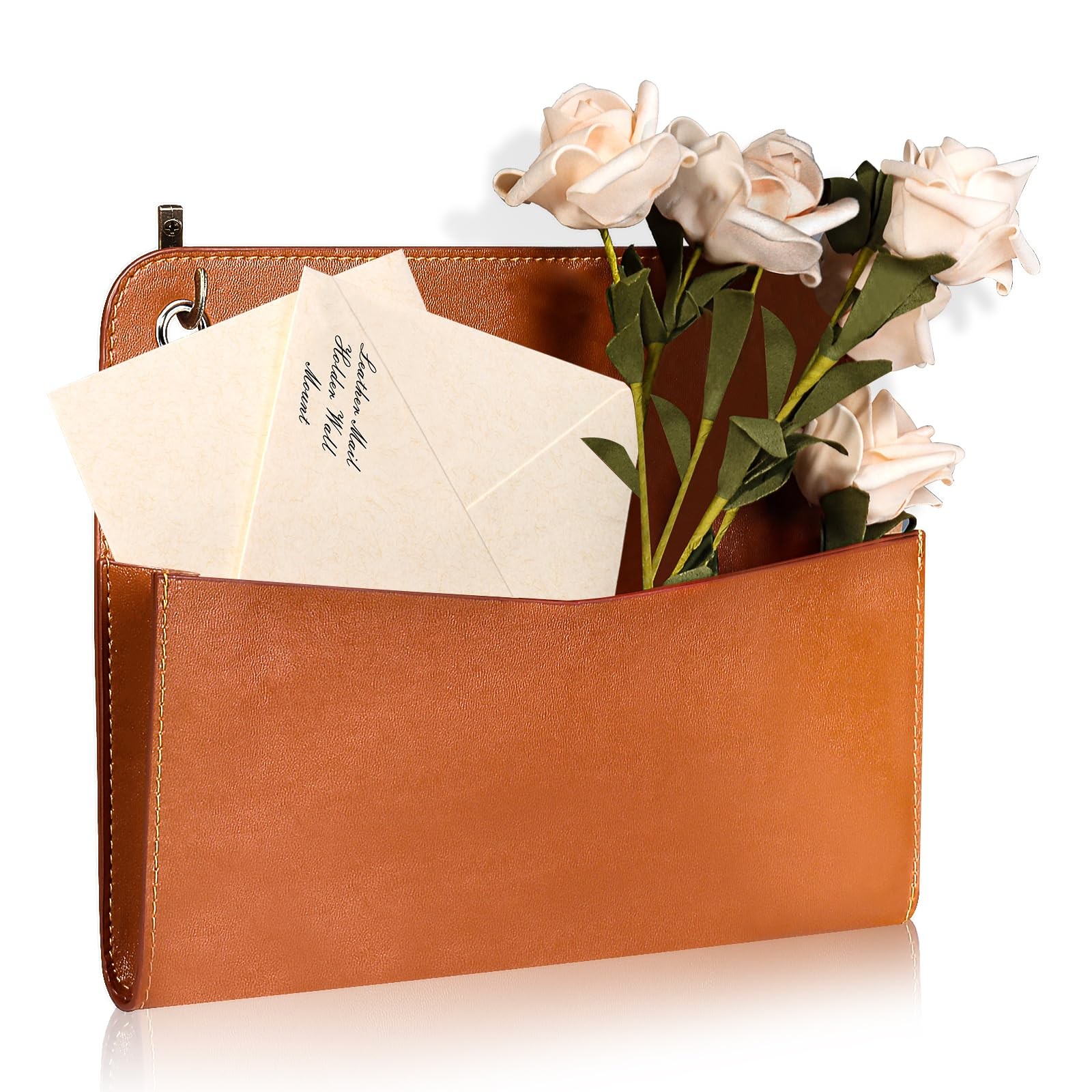 Wall Mount Brown PU Leather Letter Holder 9.8" x 7.7" x 1.4" Mail Holder Vint...