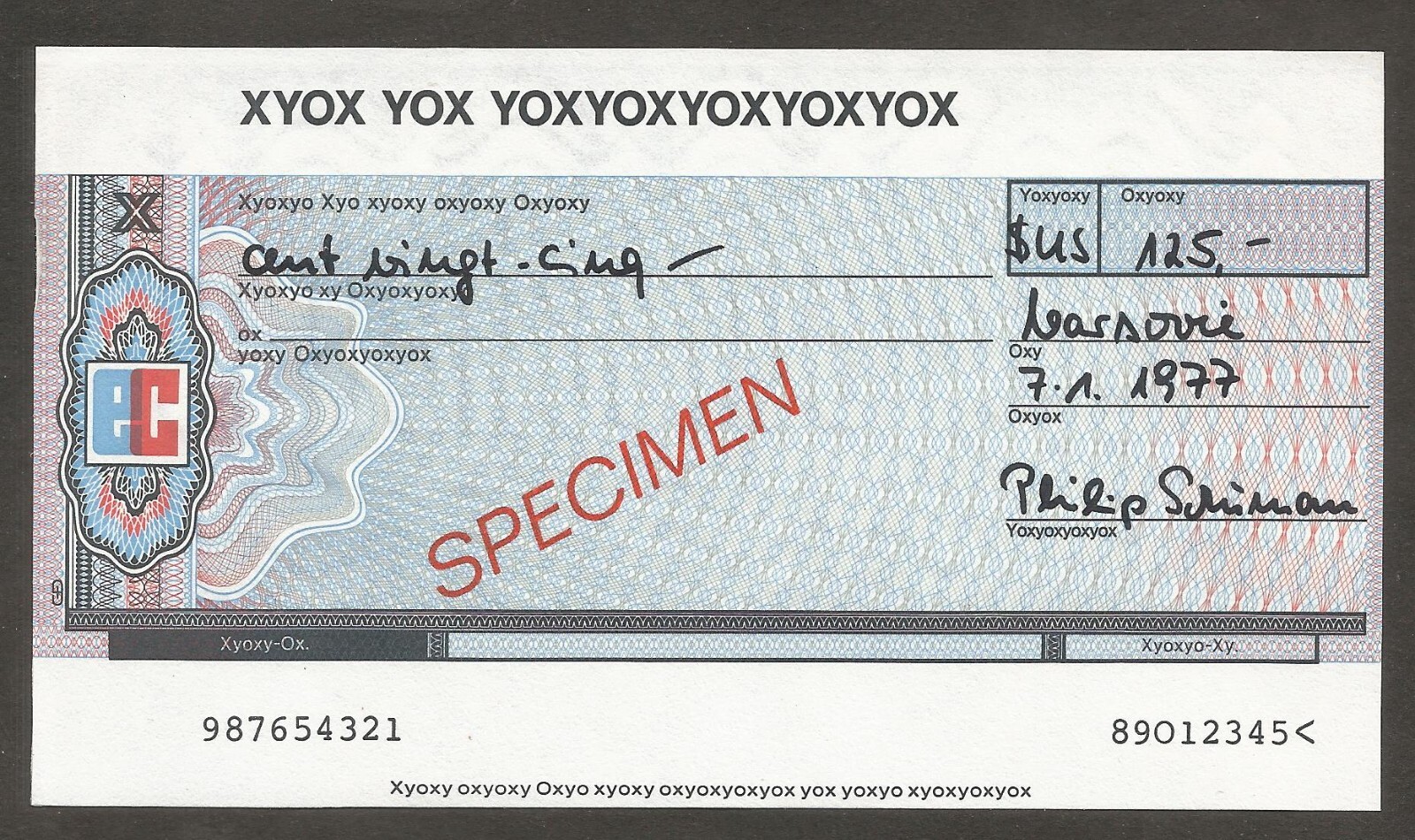 Eurocheque; 125 Dollars 7.1.1977; AU+; SPECIMEN