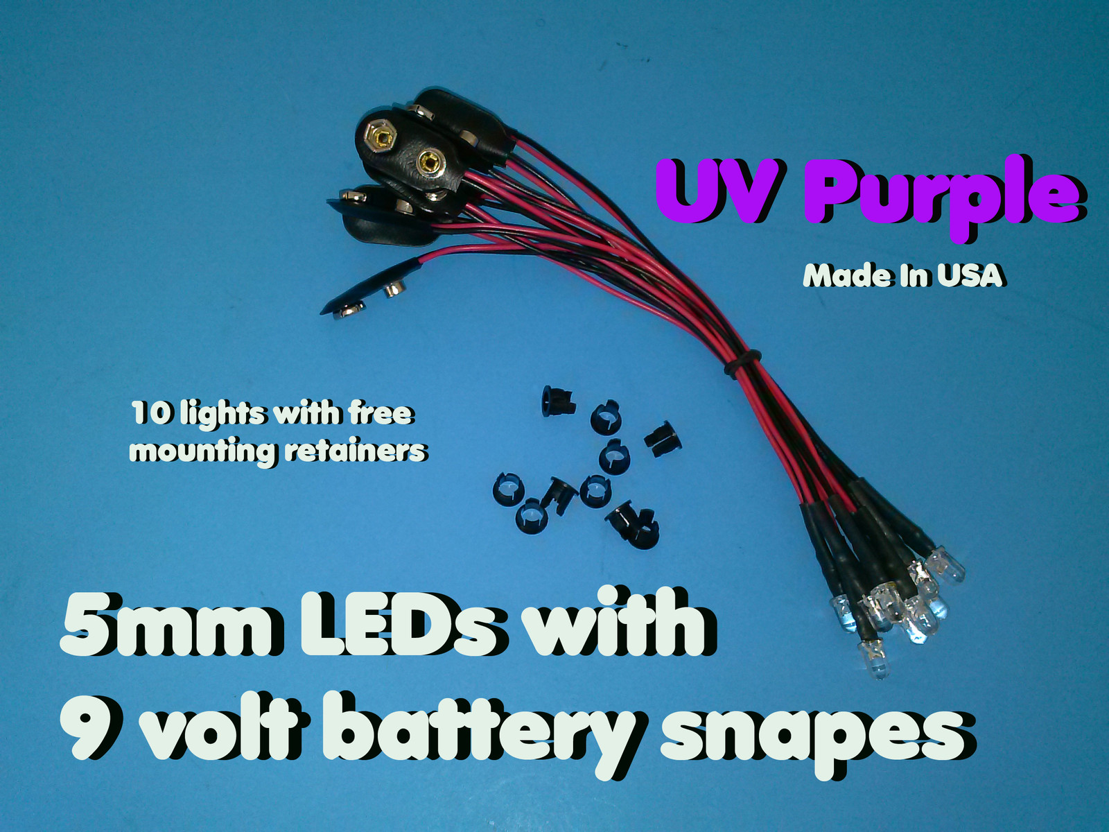 10 pcs 5mm UV PURPLE PRE WIRED LEDs 9 VOLT WATER CLEAR LED ON BATTERY SNAPS 9V