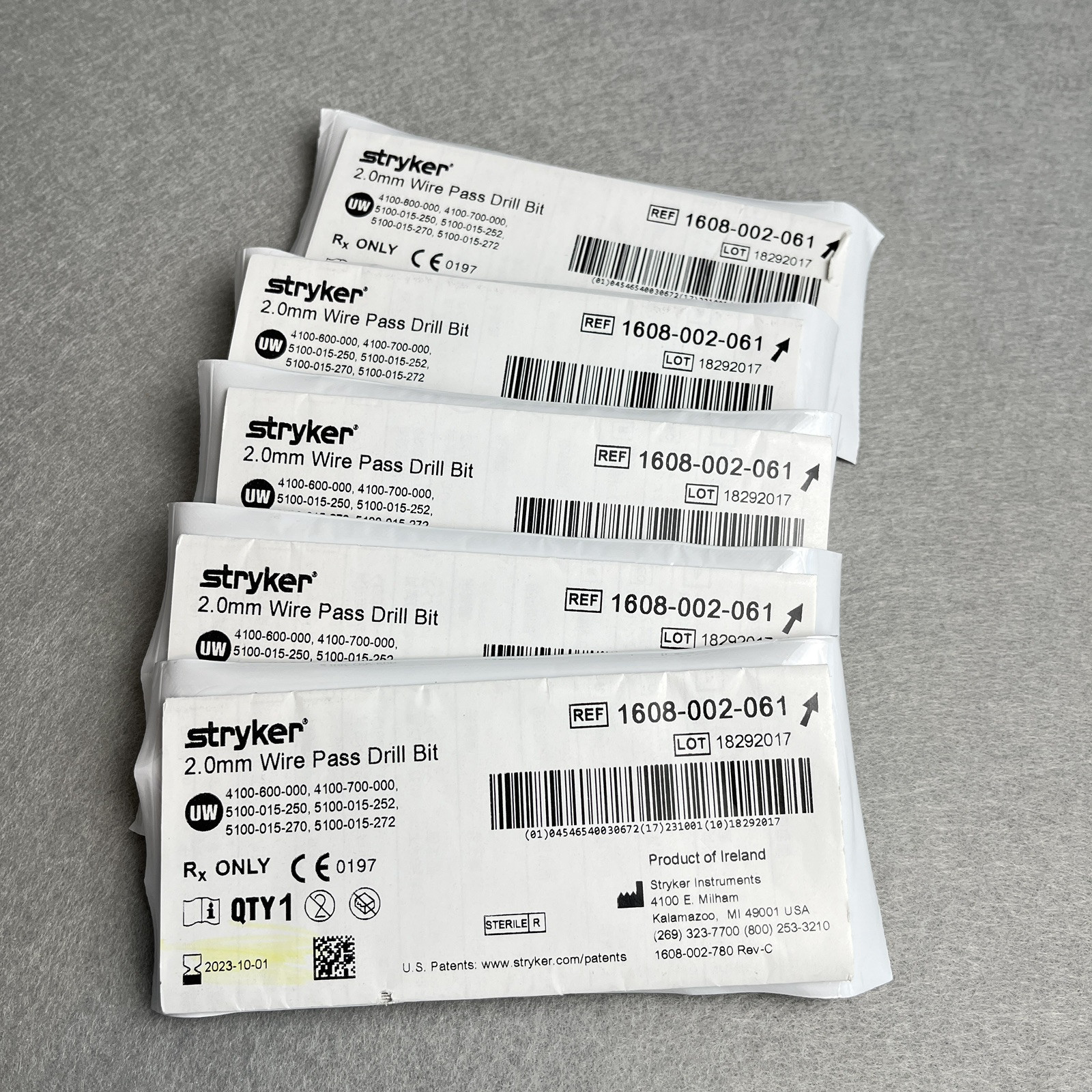 5-PACK Stryker Wire Pass Drill Bit 2.0mm 1608-002-061 for Training / Research