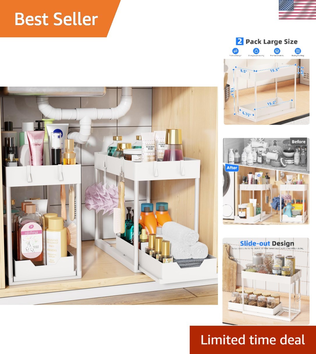 Compact 2-Tier Under Sink Shelf Organizer with Pull-Out Drawer - White Finish