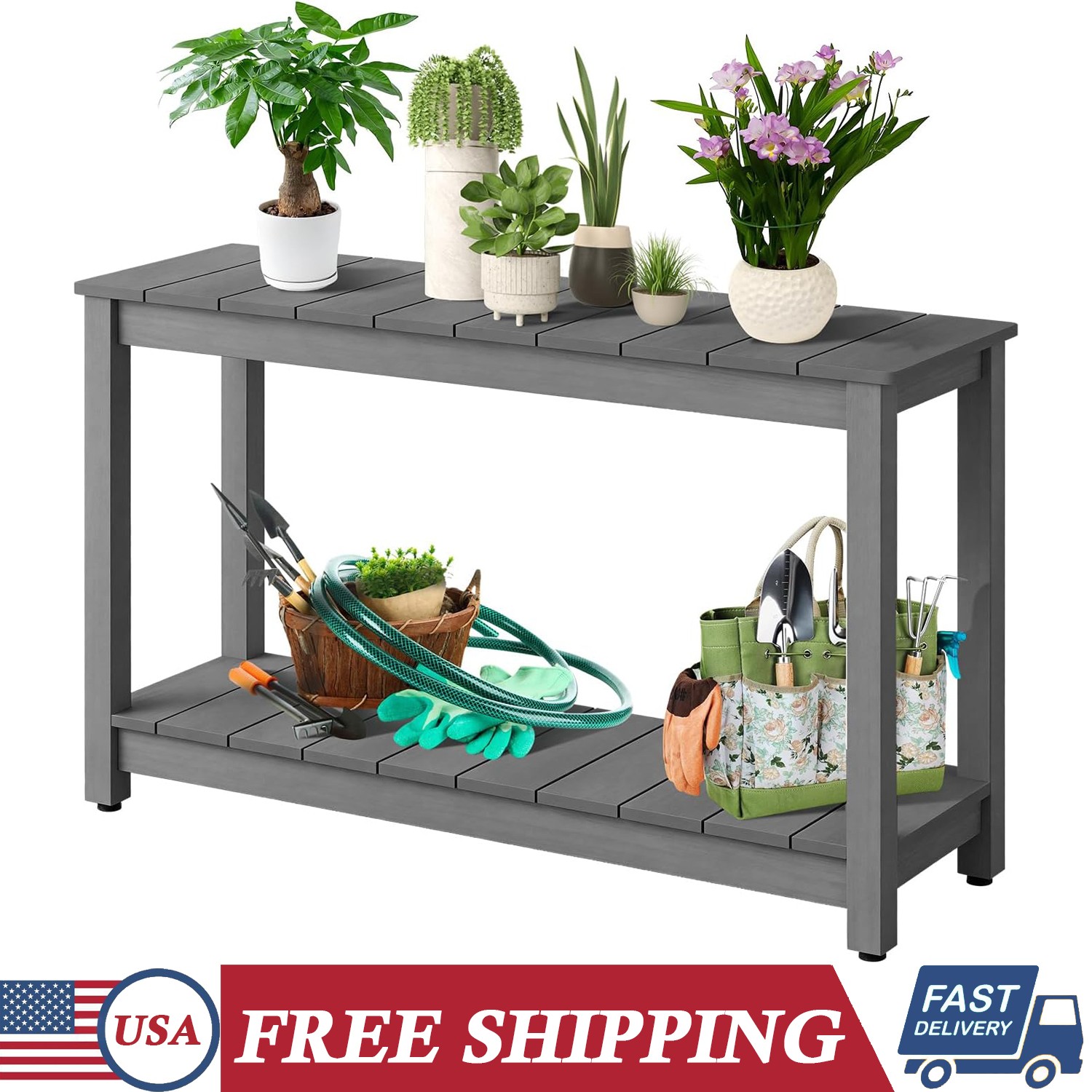 48'' Patio Console Table Outdoor Side Table 2-Shelf Buffet Bar Storage Organizer