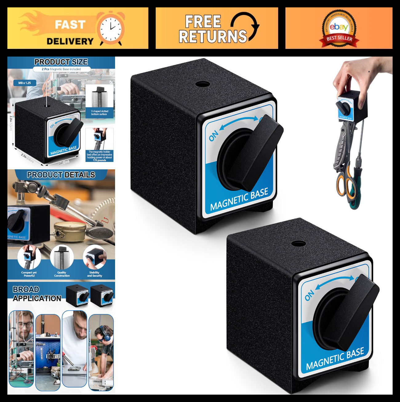 2 Pcs Magnetic Base Holder with On/Off Switch, 176 Lbs Power, M8 Tapped Hole, Ad