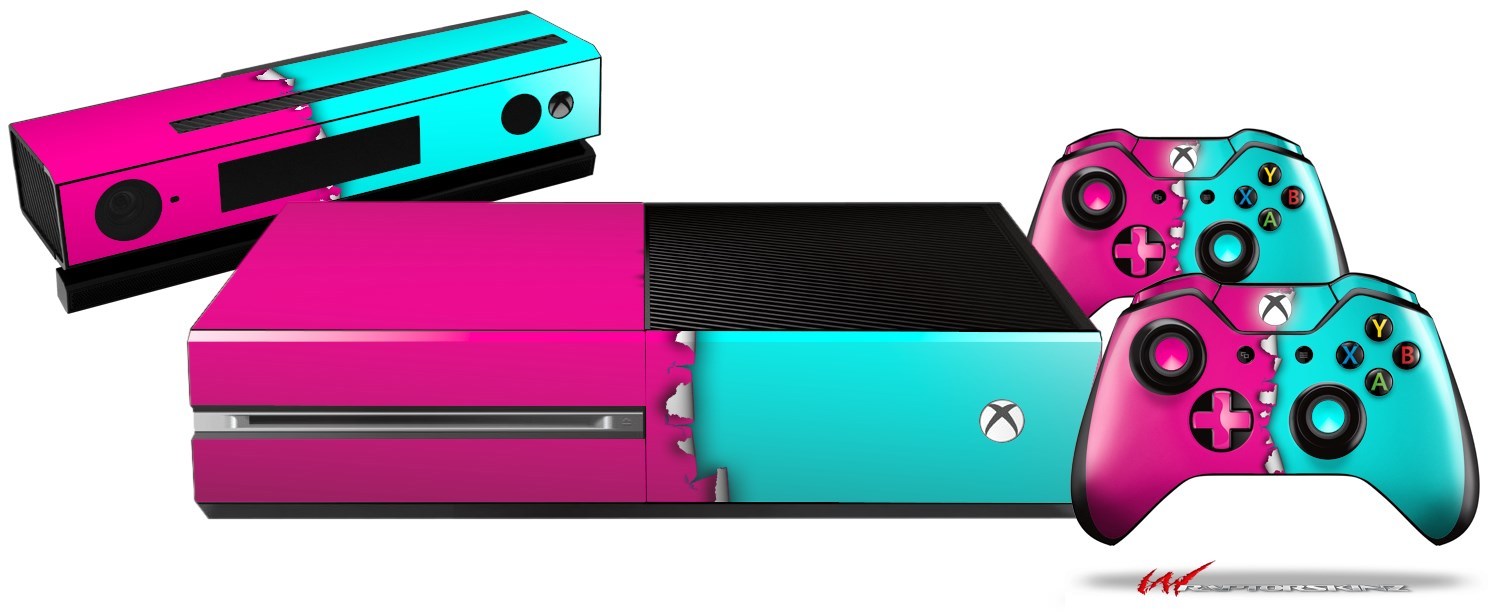 Ripped Colors Hot Pink Neon Teal Skin Set fits XBOX One Console Controllers