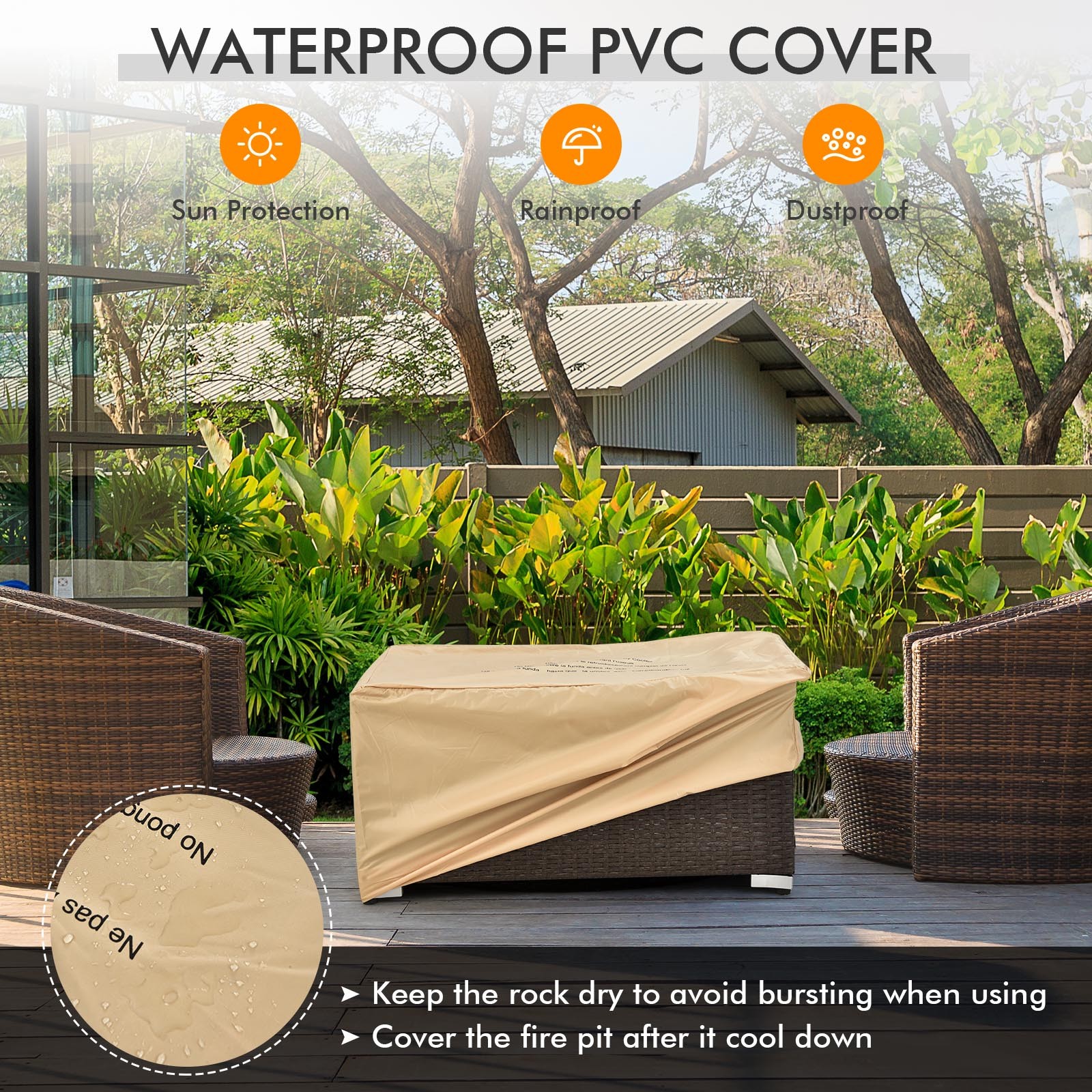 6PCS Patio Rattan Furniture Set 32" Fire Pit Table Tank Holder W/Cover Beige