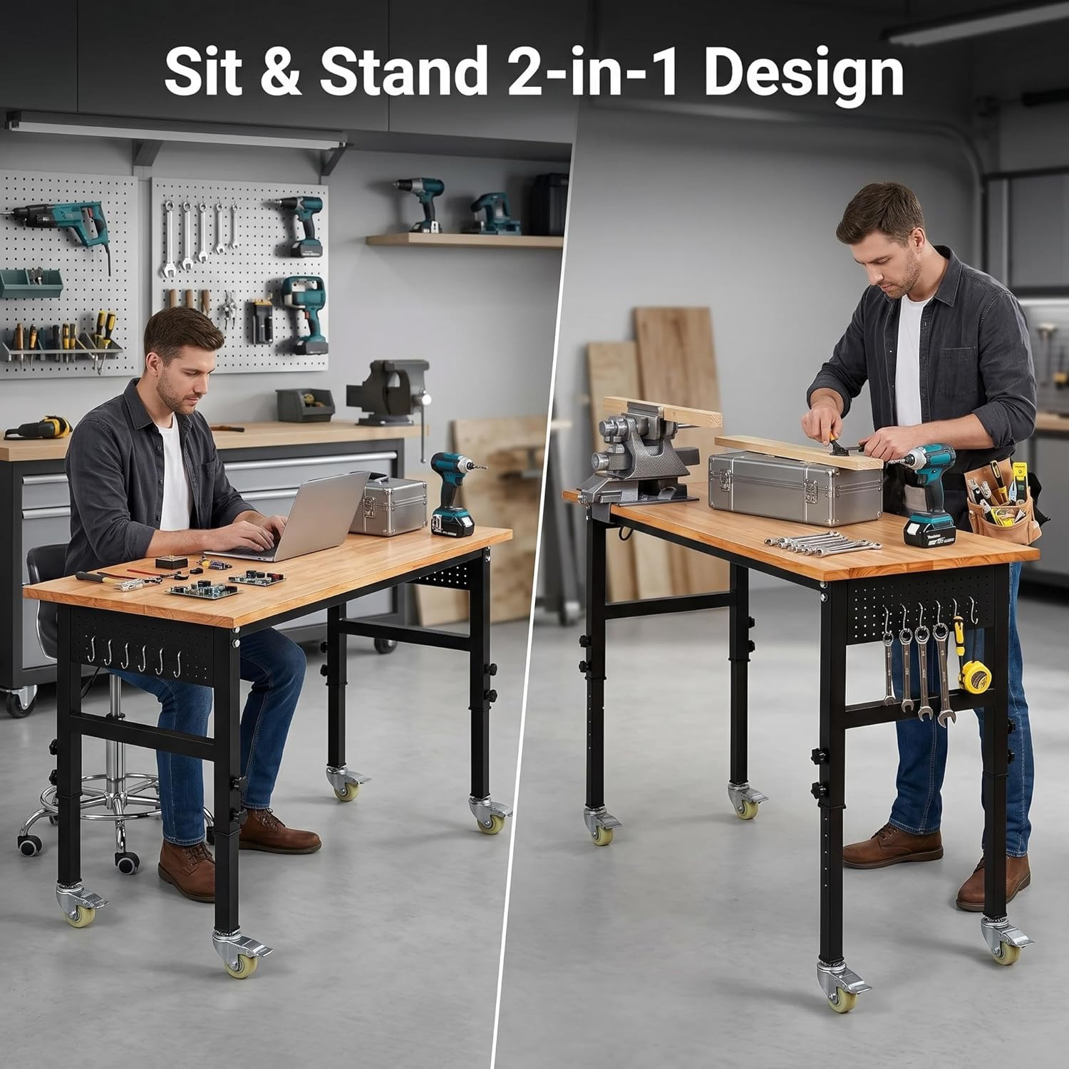 48" Adjustable Workbench, 8-Level Height Adjustable Rolling Work Table with Cast