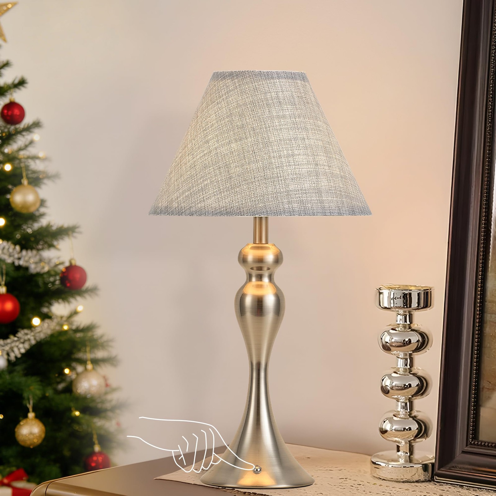 Cordless Rechargeable Lamp with Fabric Shade, Stepless Dimming, Nickel Finish