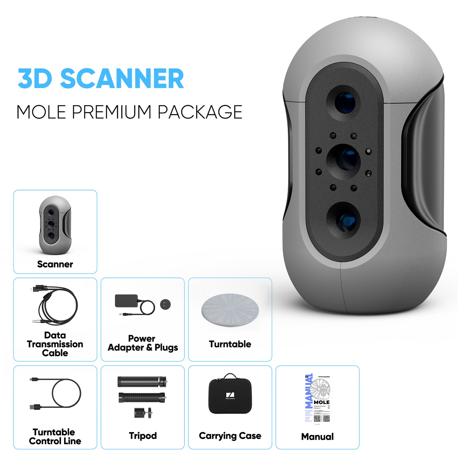 3DMakerpro Mole Handheld 3D Scanner For 3D Printer 0.05mm Accuracy & 0.1mm UJAY