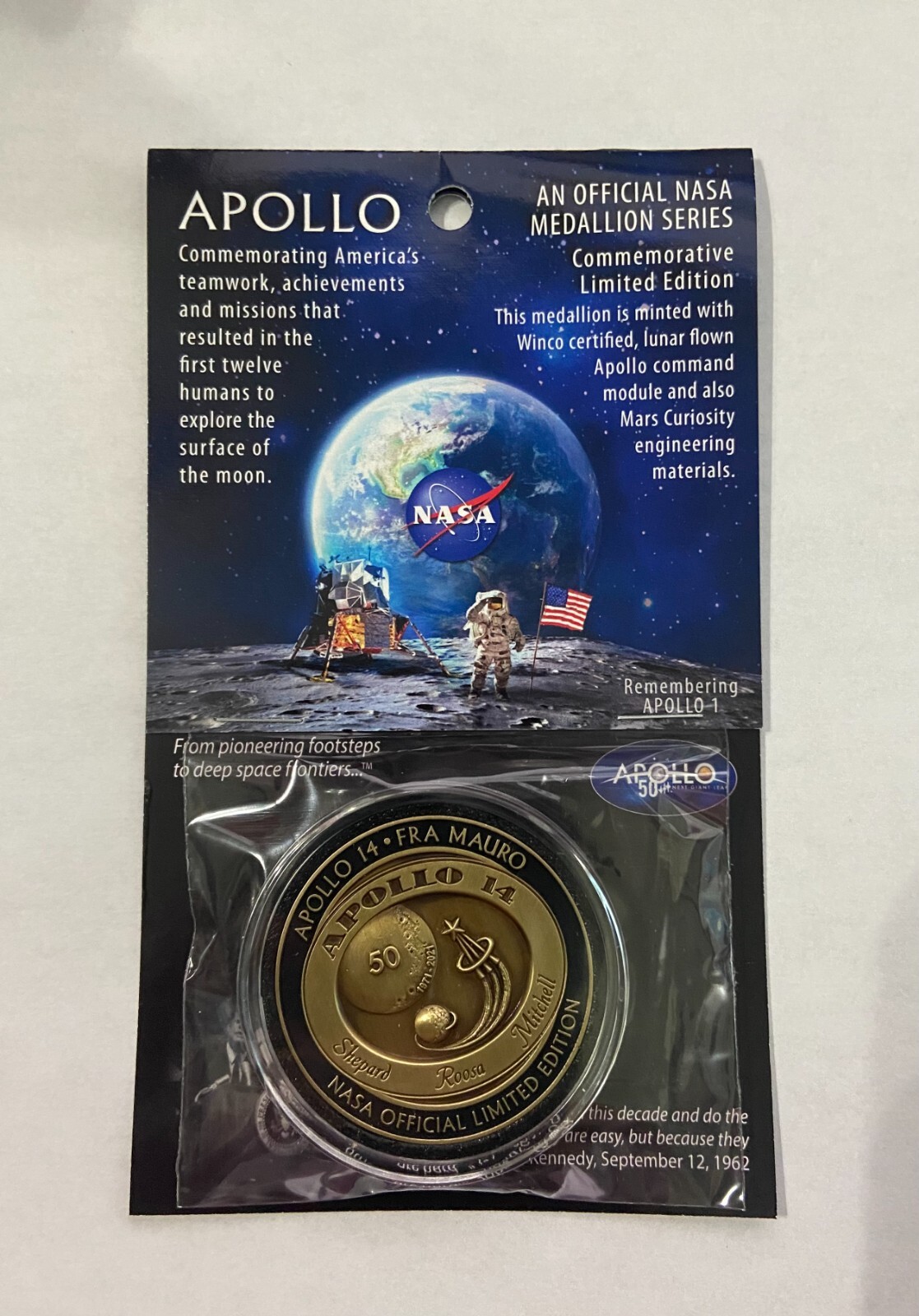 NASA Apollo 14 Medallion 50th Anniversary Contains Flown Command Module Metal...