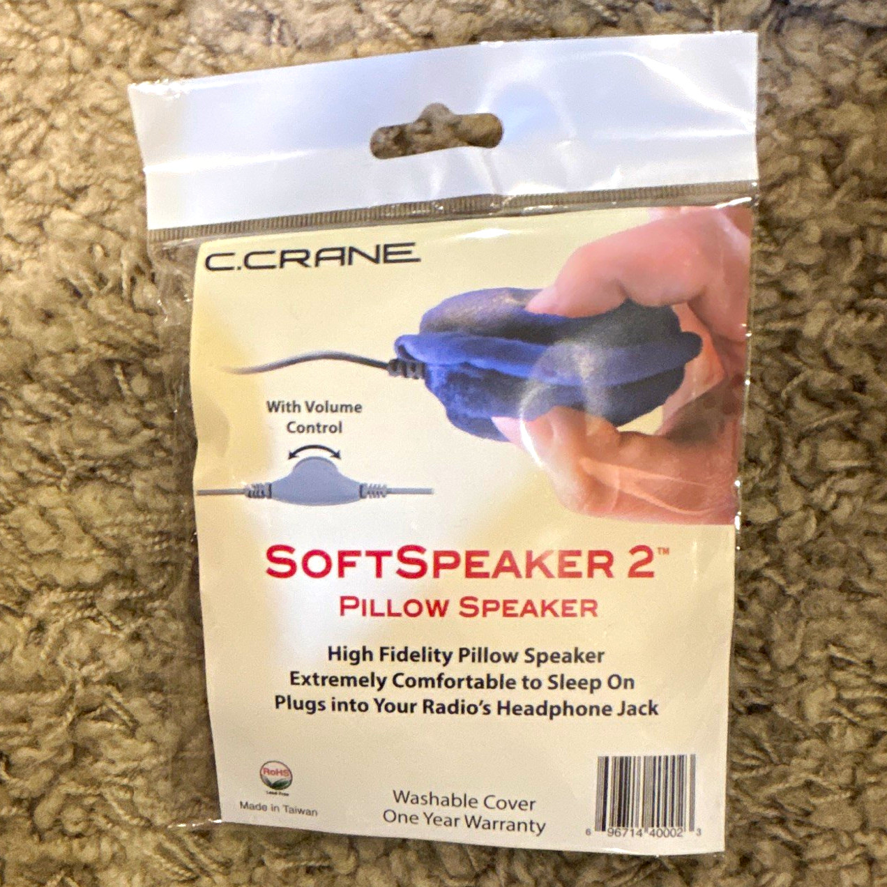 C.Crane SoftSpeaker 2 Pillow Speaker Black Volume Control Washable Cover 3.5mm