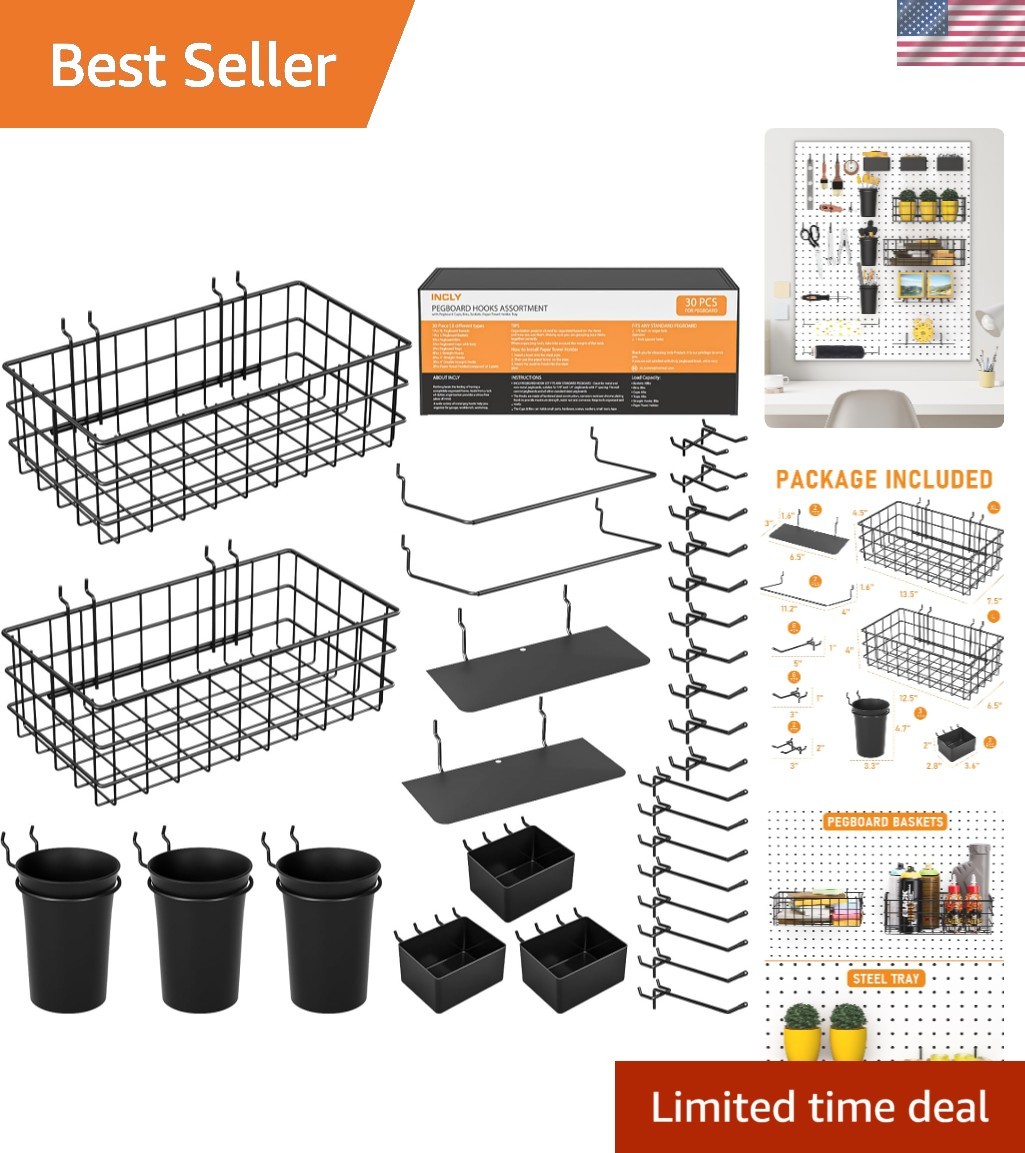 Versatile Pegboard Hooks and Baskets Set - 30 Pieces for Craft and Tool Storage