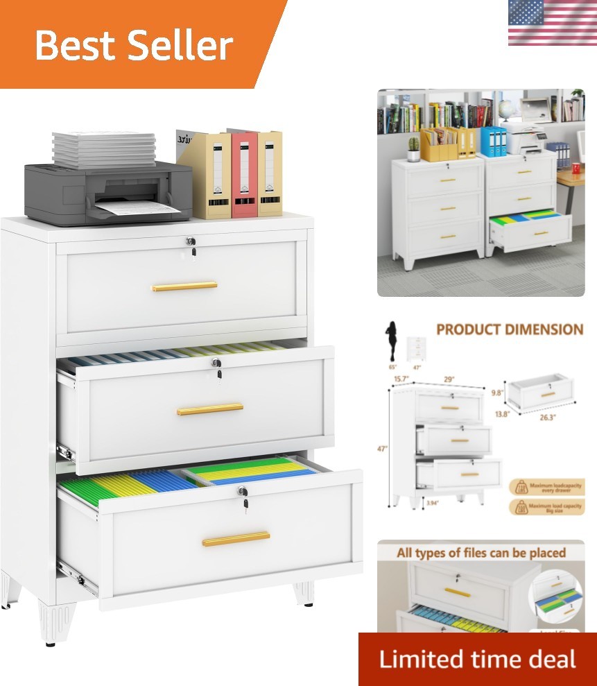Metal Lateral File Cabinet with Lock,3 Drawer Steel Wide Filing Organization ...