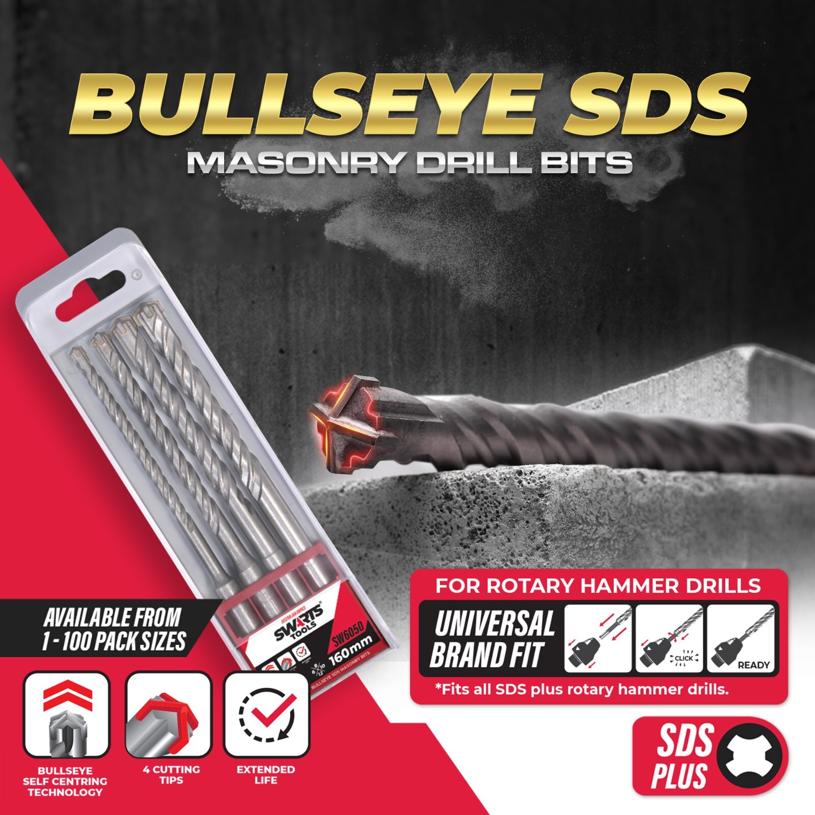 4pc 160mm SDS Plus Rotary Hammer Masonry Drill Bits Set - Self Centering Carbide