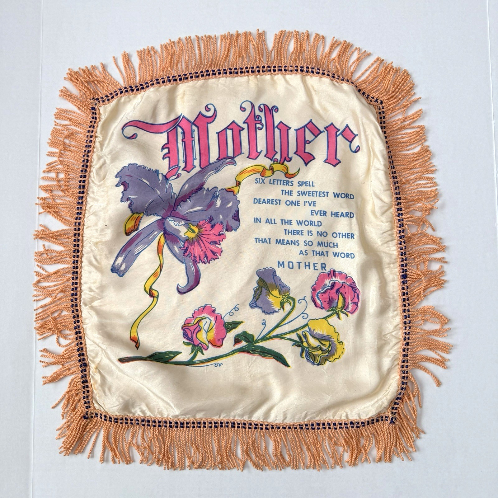 United States Navy 1940s WW2 "MOTHER" Satin Cushion Pillow Cover Sham Orig  VTG