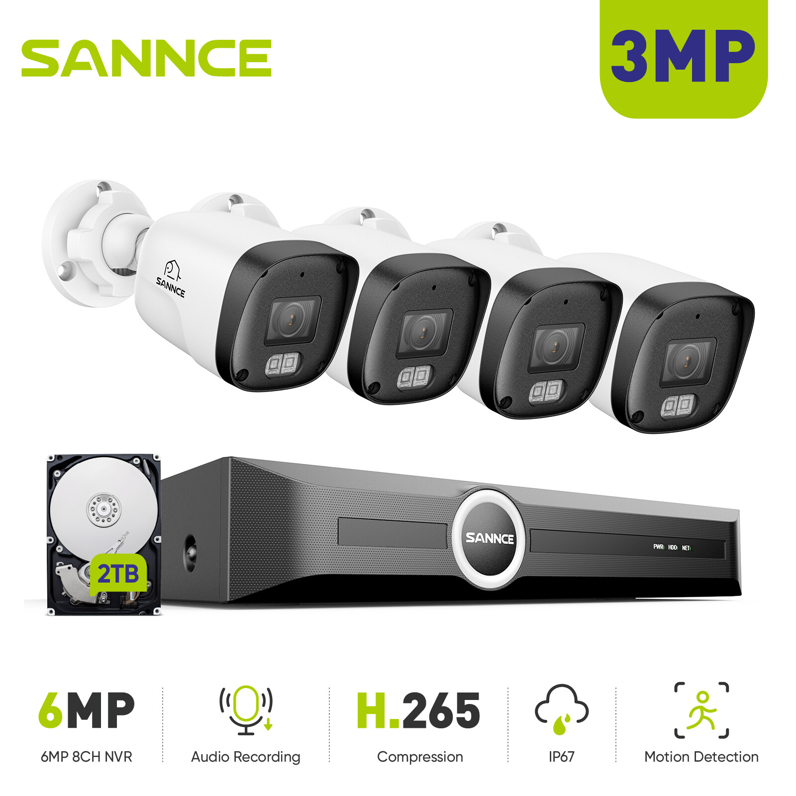 SANNCE 3MP POE Security Camera System Audio Recording 8CH 6MP NVR 2TB IP Network