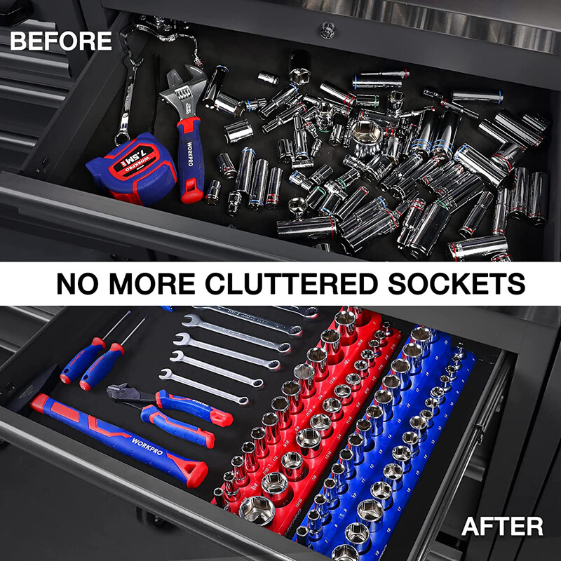 WORKPRO 2PC 3/8" Magnetic Socket Organizer Set SAE & Metric Socket Holders Carts