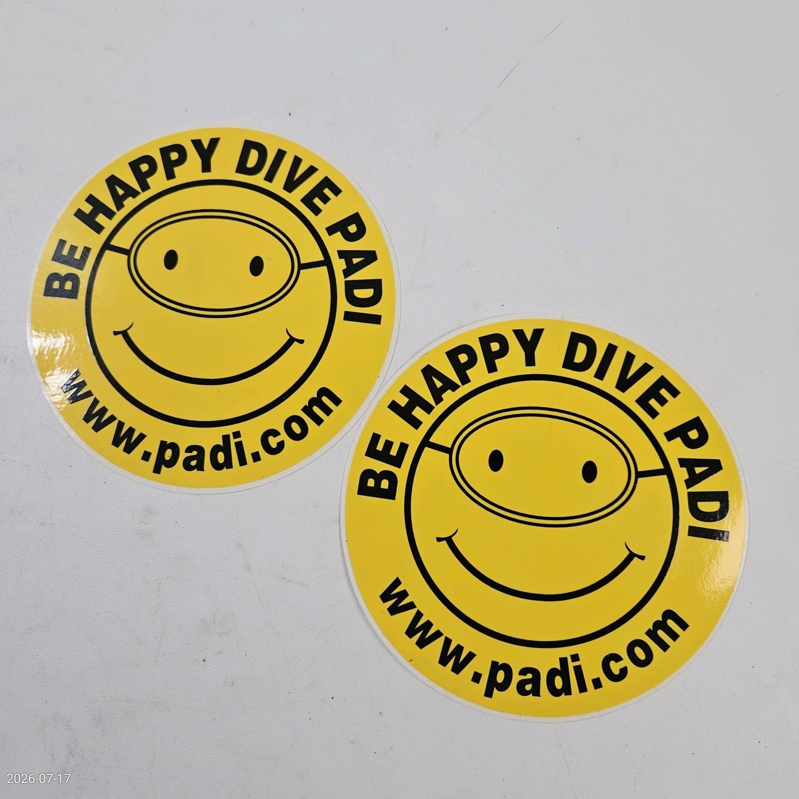 2 PADI Scuba Diver Yellow Happy Face Tank Bumper Stickers Be Happy Dive PADI