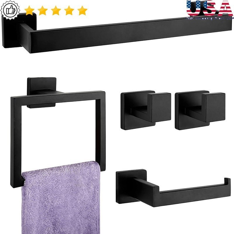 5-Piece Matte Black Bathroom Set Towel Bar Ring Hooks Toilet Paper Holder New
