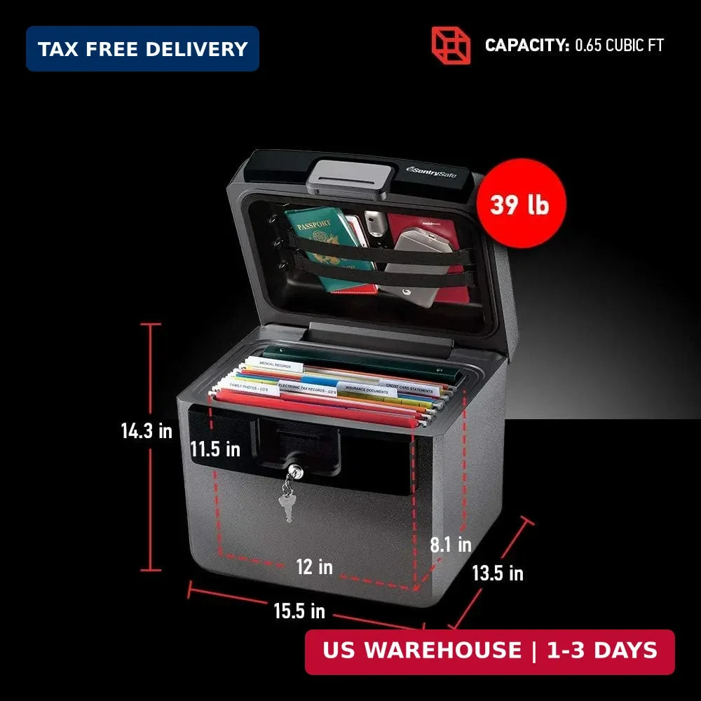 Black Fireproof and Waterproof Safe, File Folder and Document Box with Key Lock,