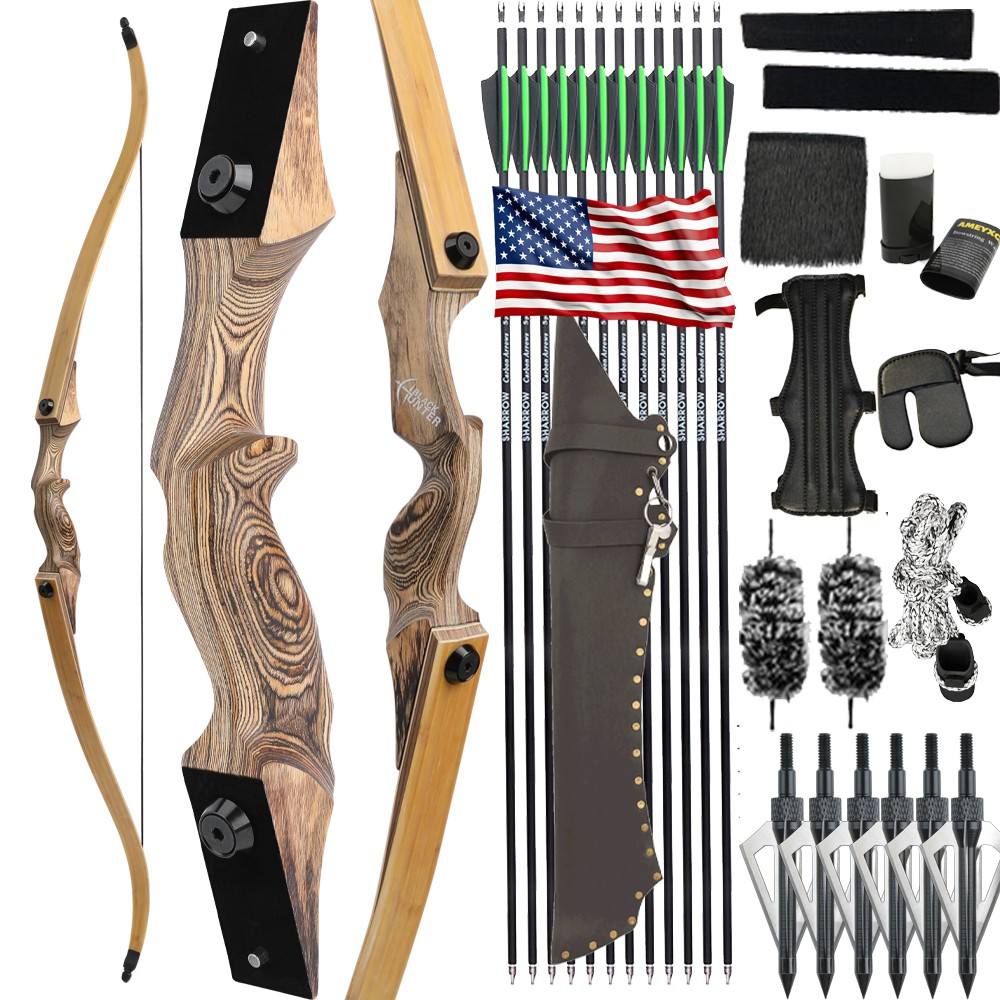 60" Recurve Bow Kit 20-60lbs Takedown Wooden Adult Archery Arrows Hunting RH