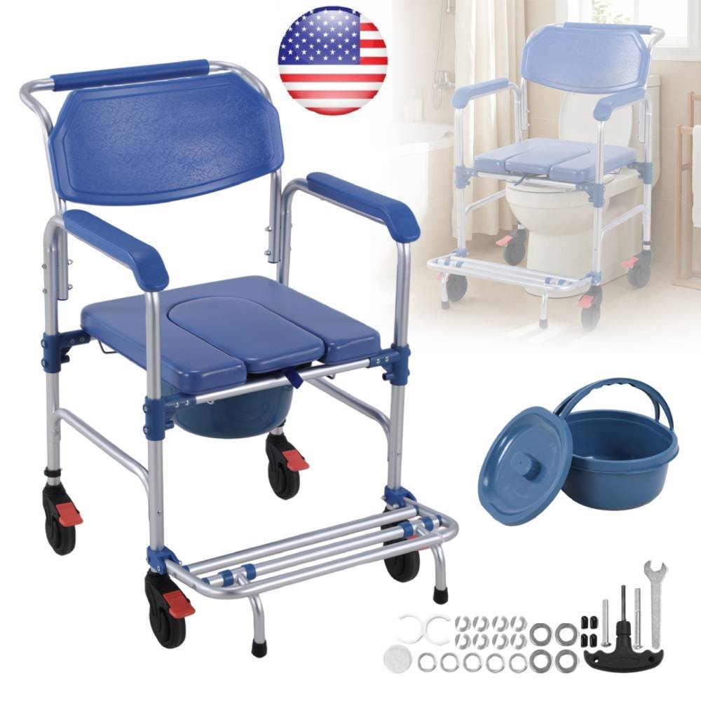 330lbs Medical Transport Chair Mobility Shower Commode Wheelchair Bedside Toilet