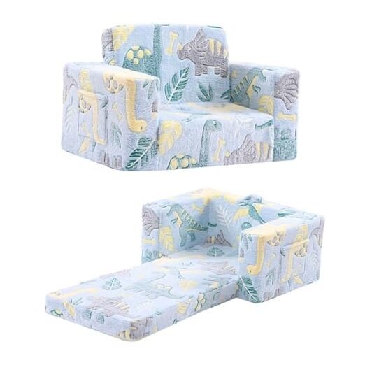 Toddler Chair Kids Couch, 2-in-1 Toddler Soft Sherpa Couch Fold Green Dinosaur