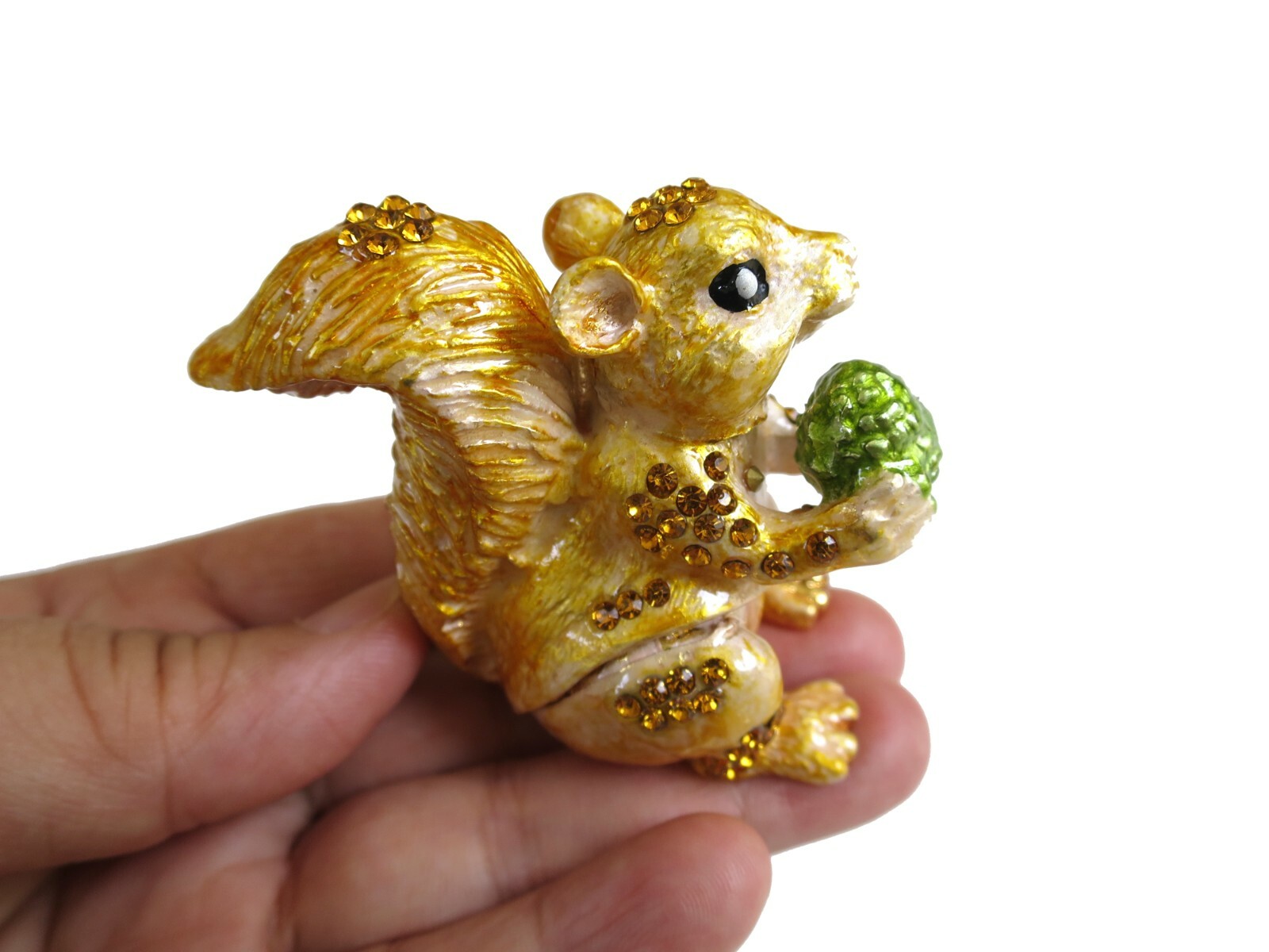 Bejeweled Golden Brown Squirrel Hinged Metal Enameled Crystal Trinket box