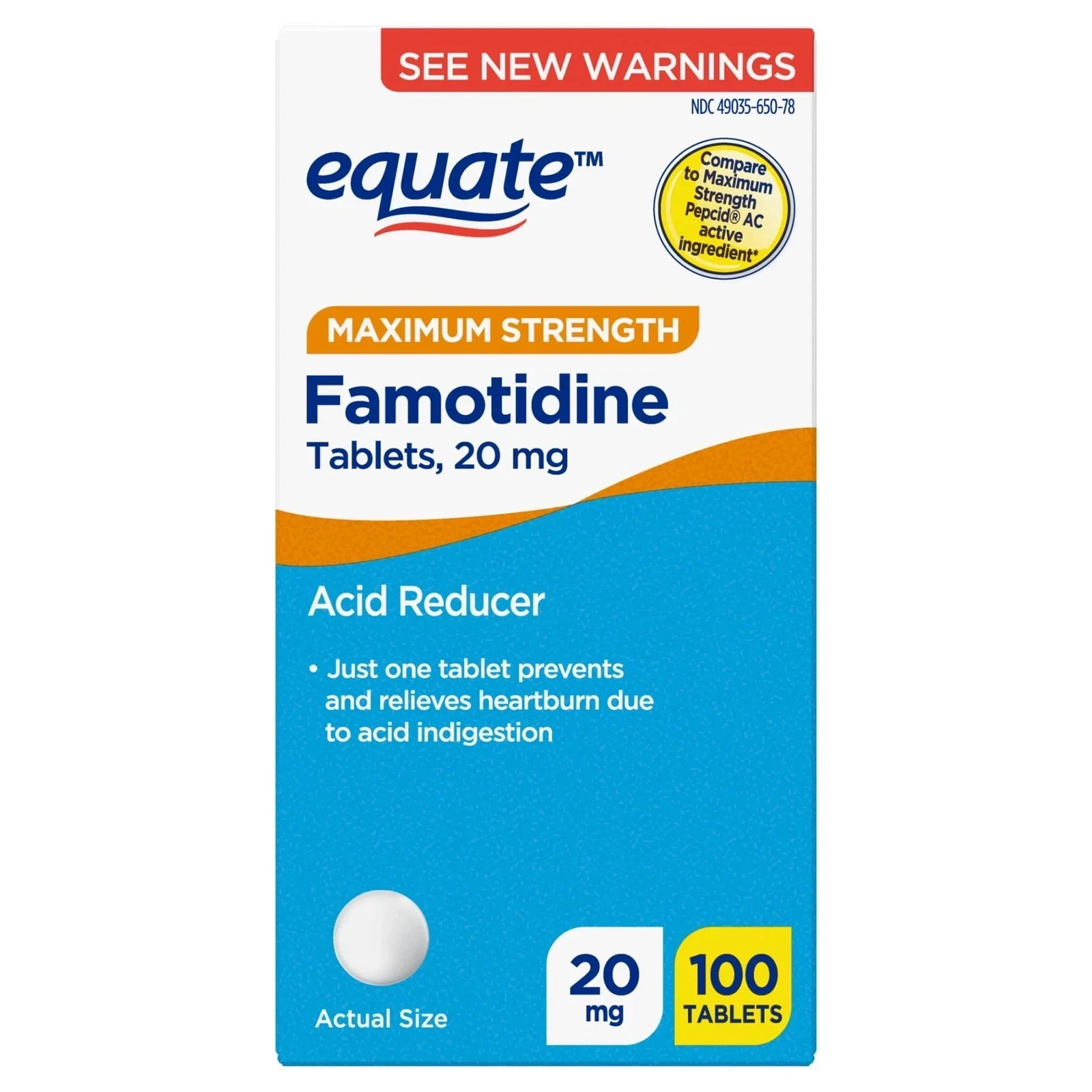 Equate Maximum Strength Famotidine Tablets, 20 mg, Acid Reducer, 100ct - 08/26