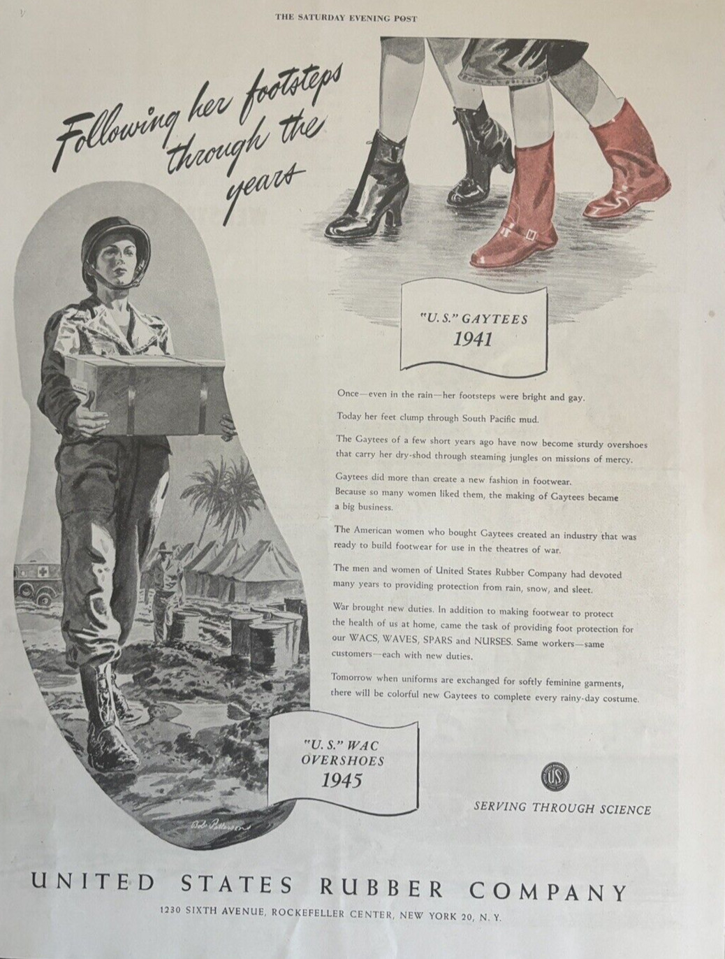 1945 US Rubber Co WAC Overshoes Gaytees American Women WW II Vintage Print Ad