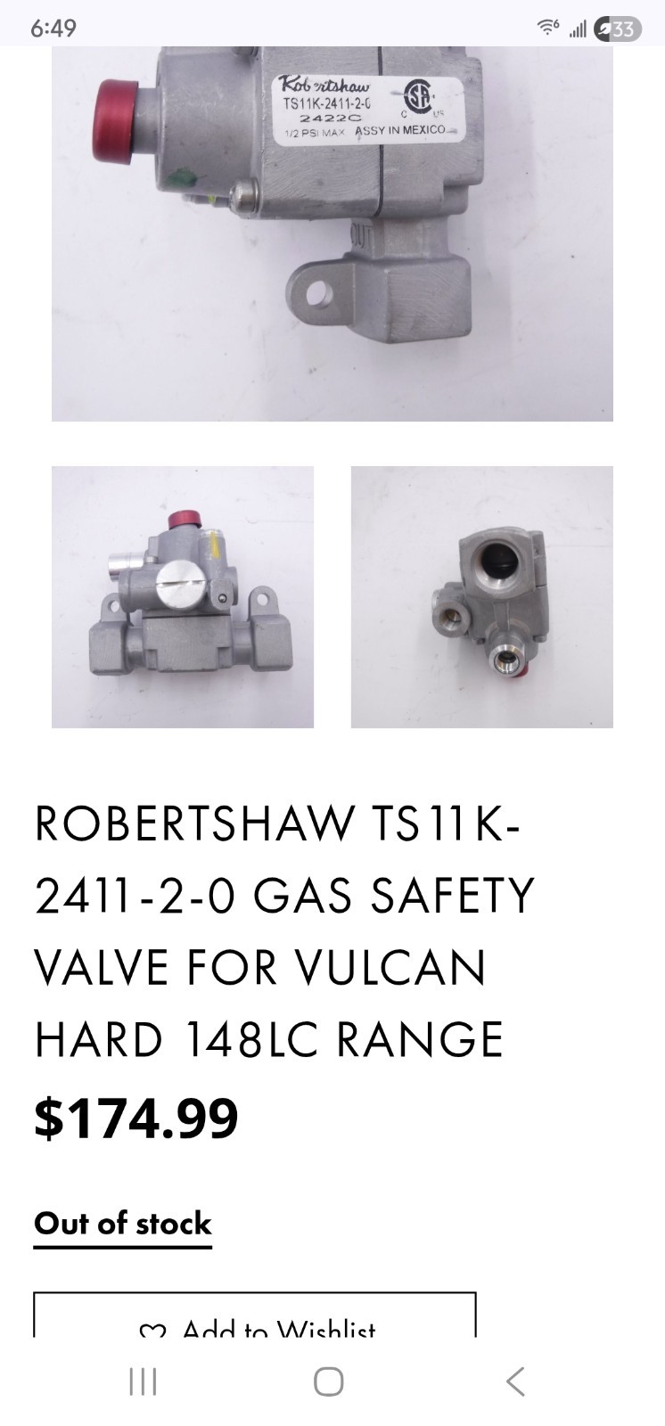 Robertshaw safety valve - TS11K-2411-2-0