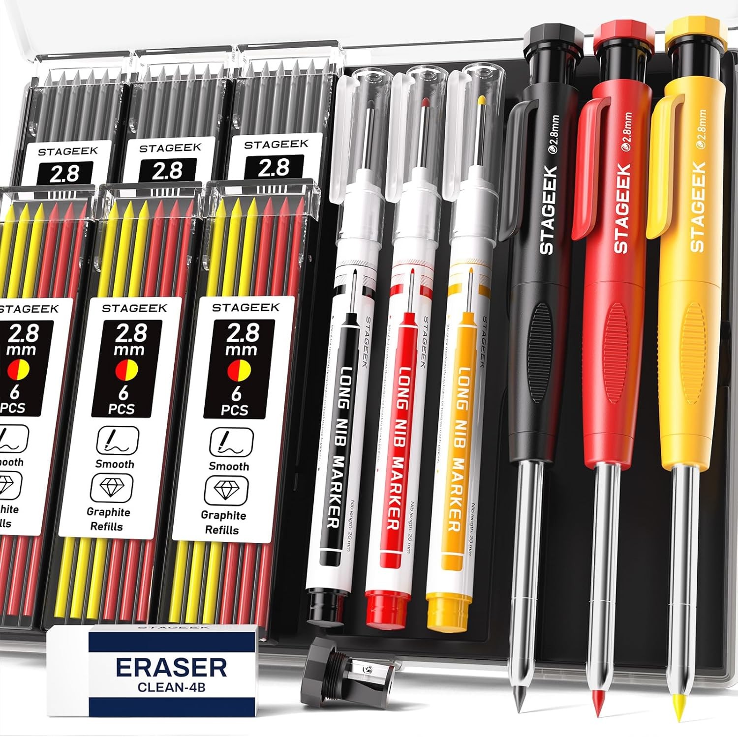 3pcs Carpenter Pencils with Sharpener Mechanical Deep Hole Marker Set 39 Refills